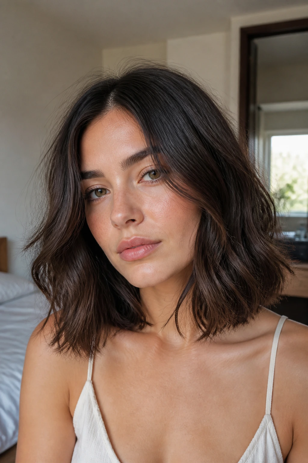 Portrait of a real woman with air-dry center-part lob; thick wavy hair