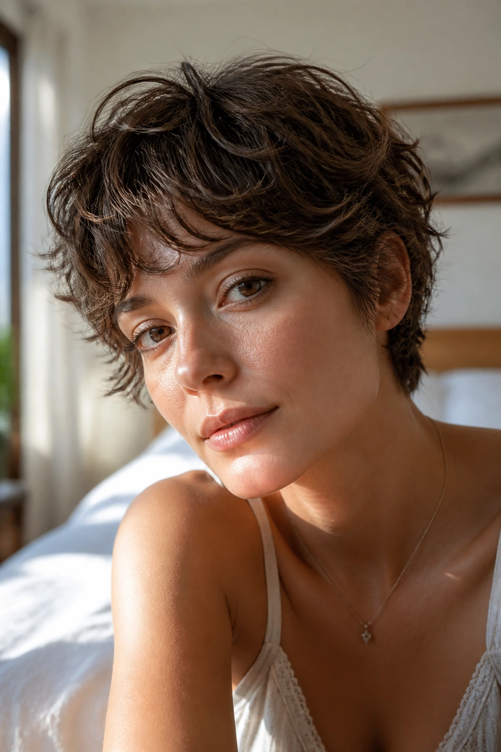 Portrait of a person with an air-dry crop showing natural texture and shape in morning light.