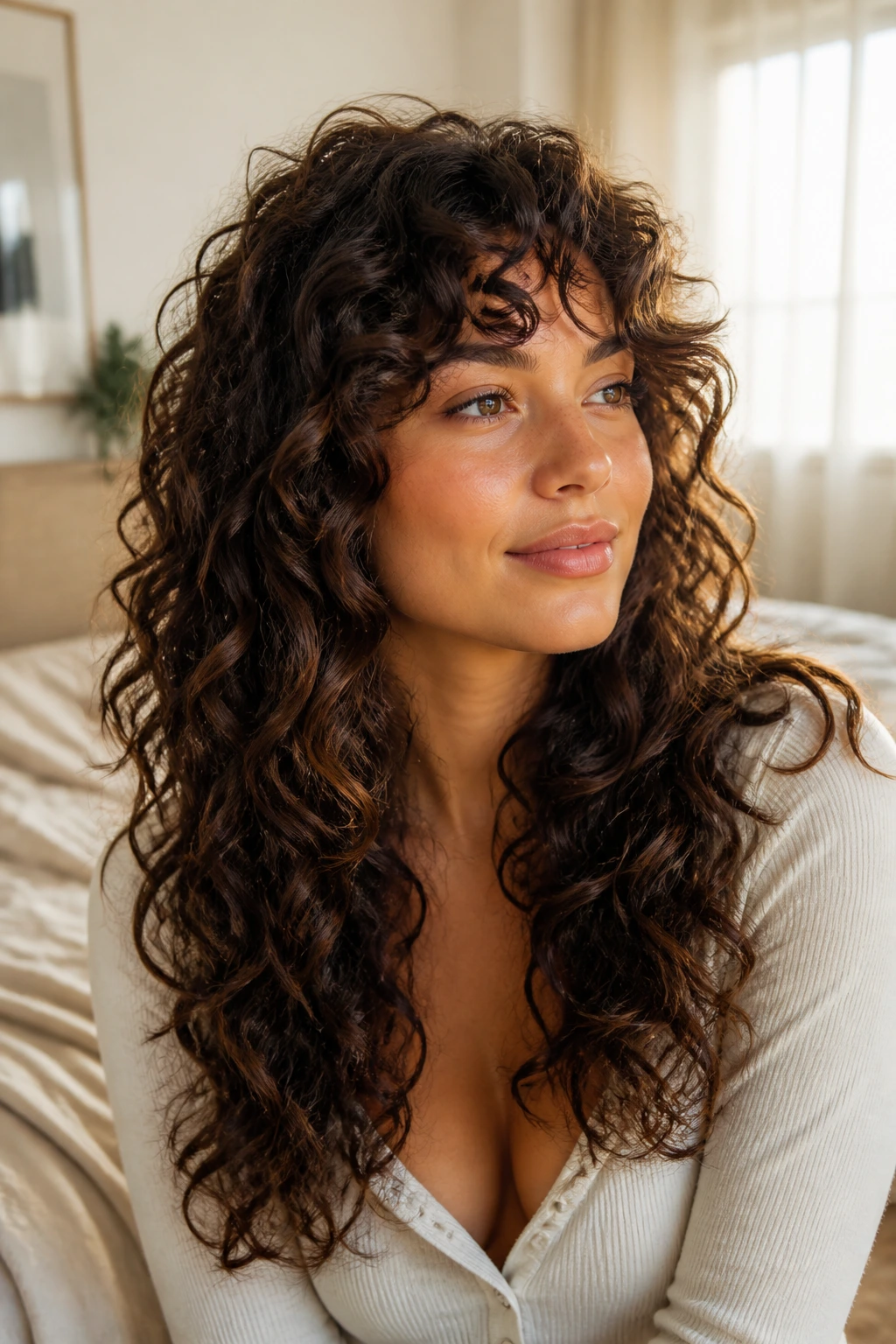 Close-up portrait of a woman with air-dry layered natural curls