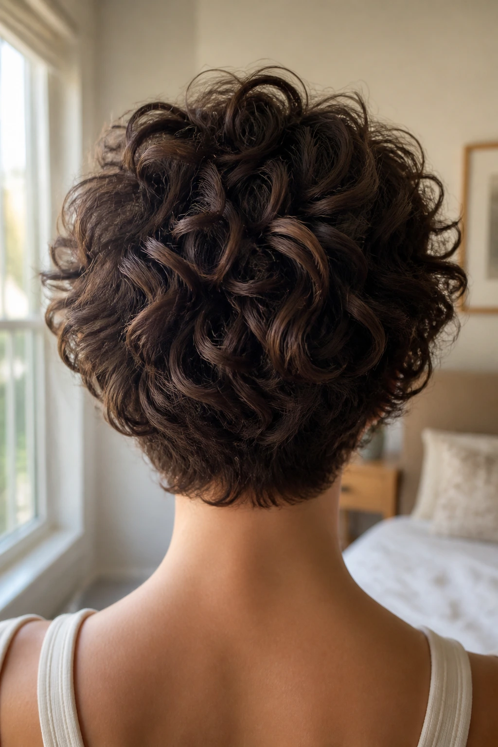 Close-up back view of a real person with an air-dried curly stack hairstyle in a softly lit bedroom