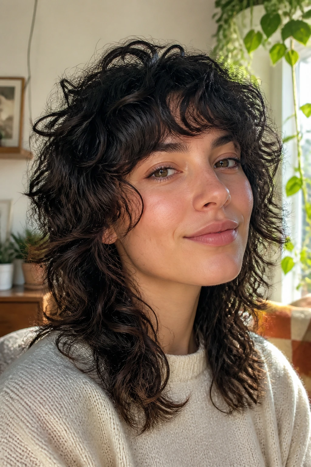 Portrait of a real person with air-dry friendly wolf curls in a sunlit living room