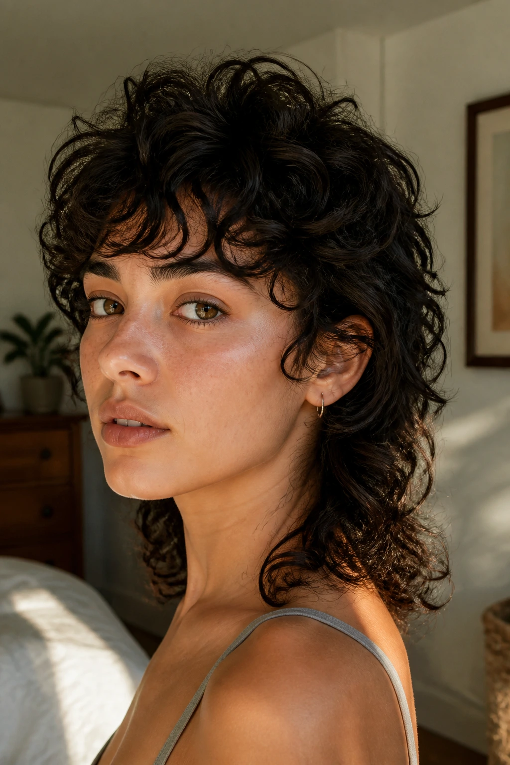 Close-up of a real woman with an air-dry curly mullet, showcasing defined curls and a stacked crown