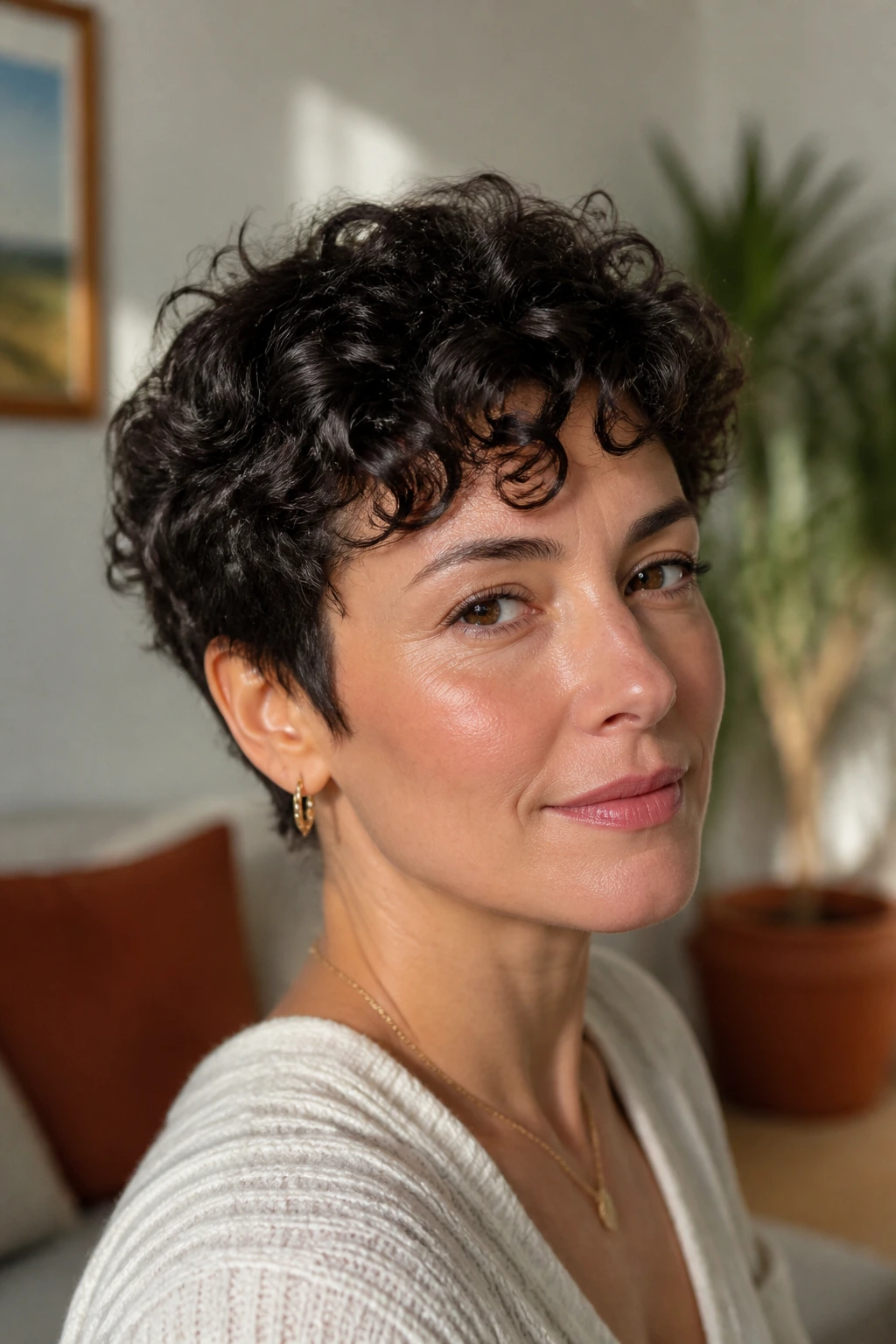 Close-up portrait of a woman with air-dry curly pixie showing soft curls.