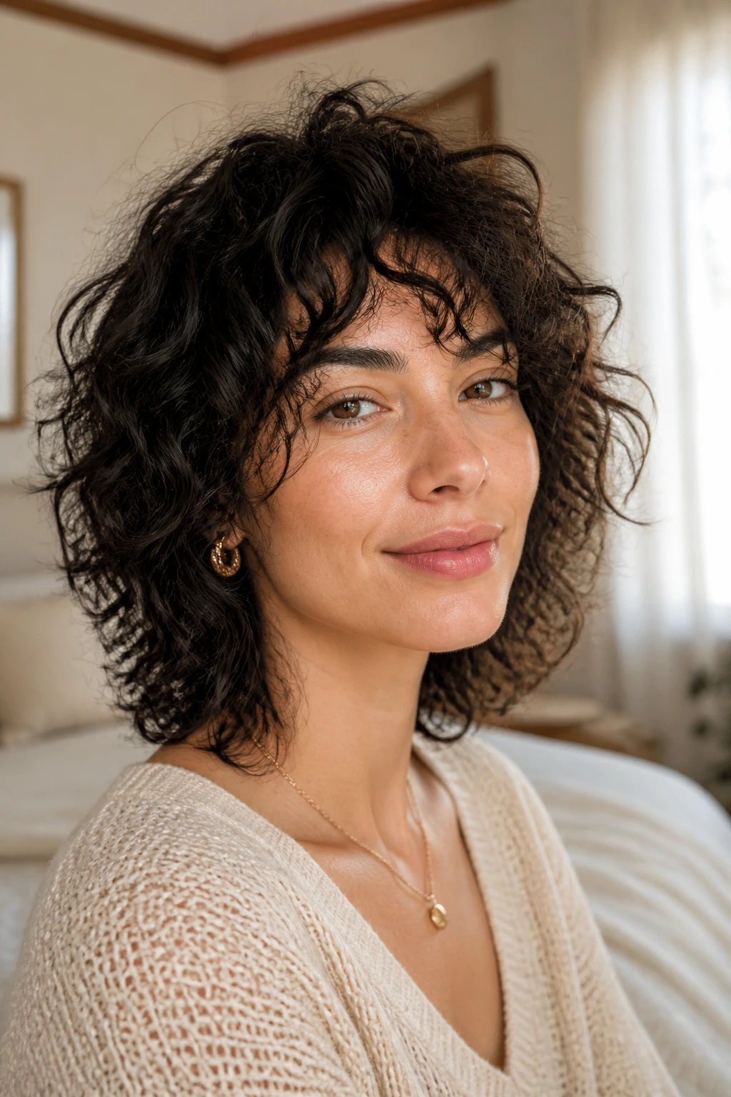 Close-up of a woman with air-dry curly shag hairstyle in a softly lit bedroom.