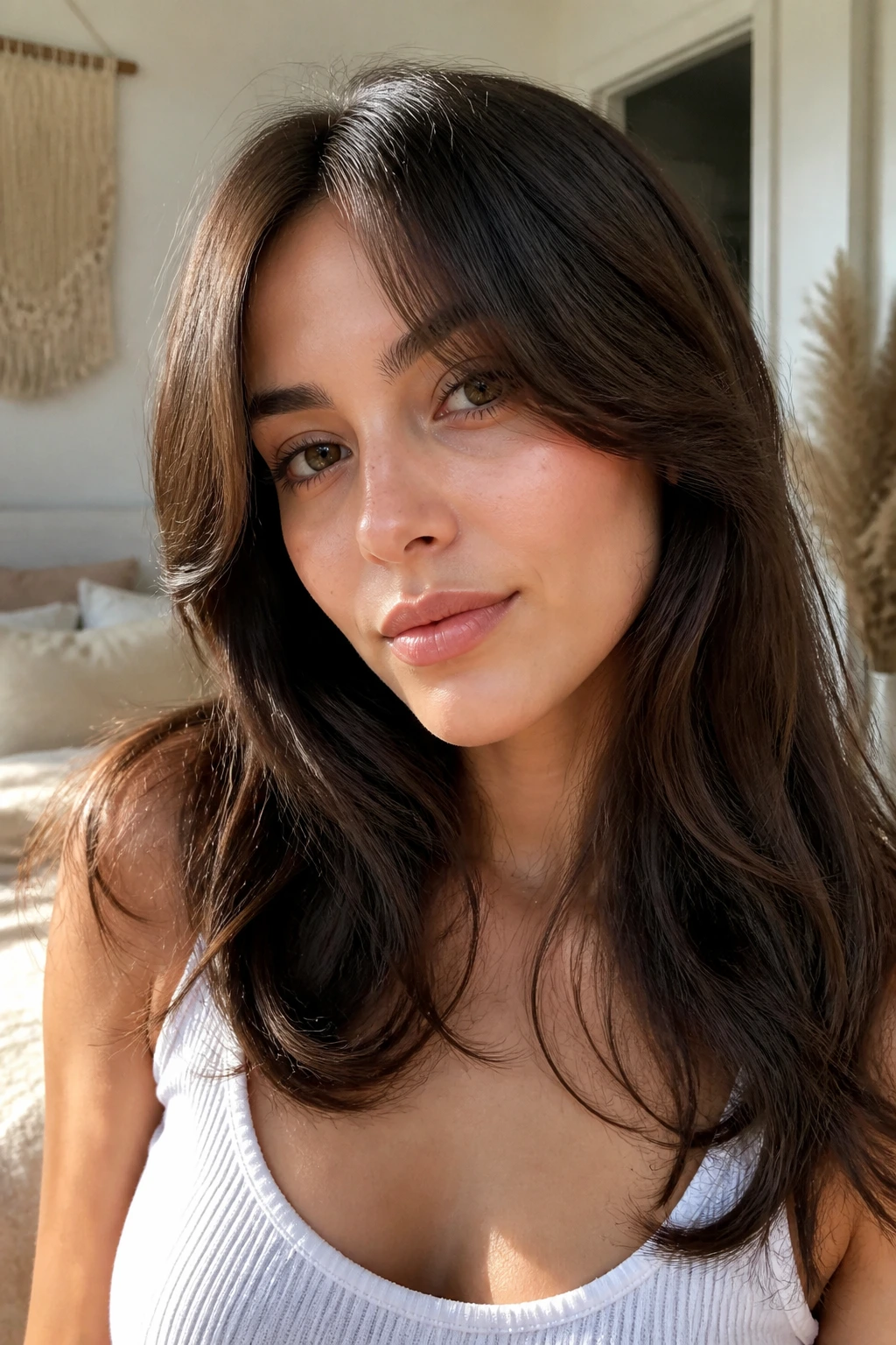 Close-up of a real woman with air-dried curtain bangs in natural light.