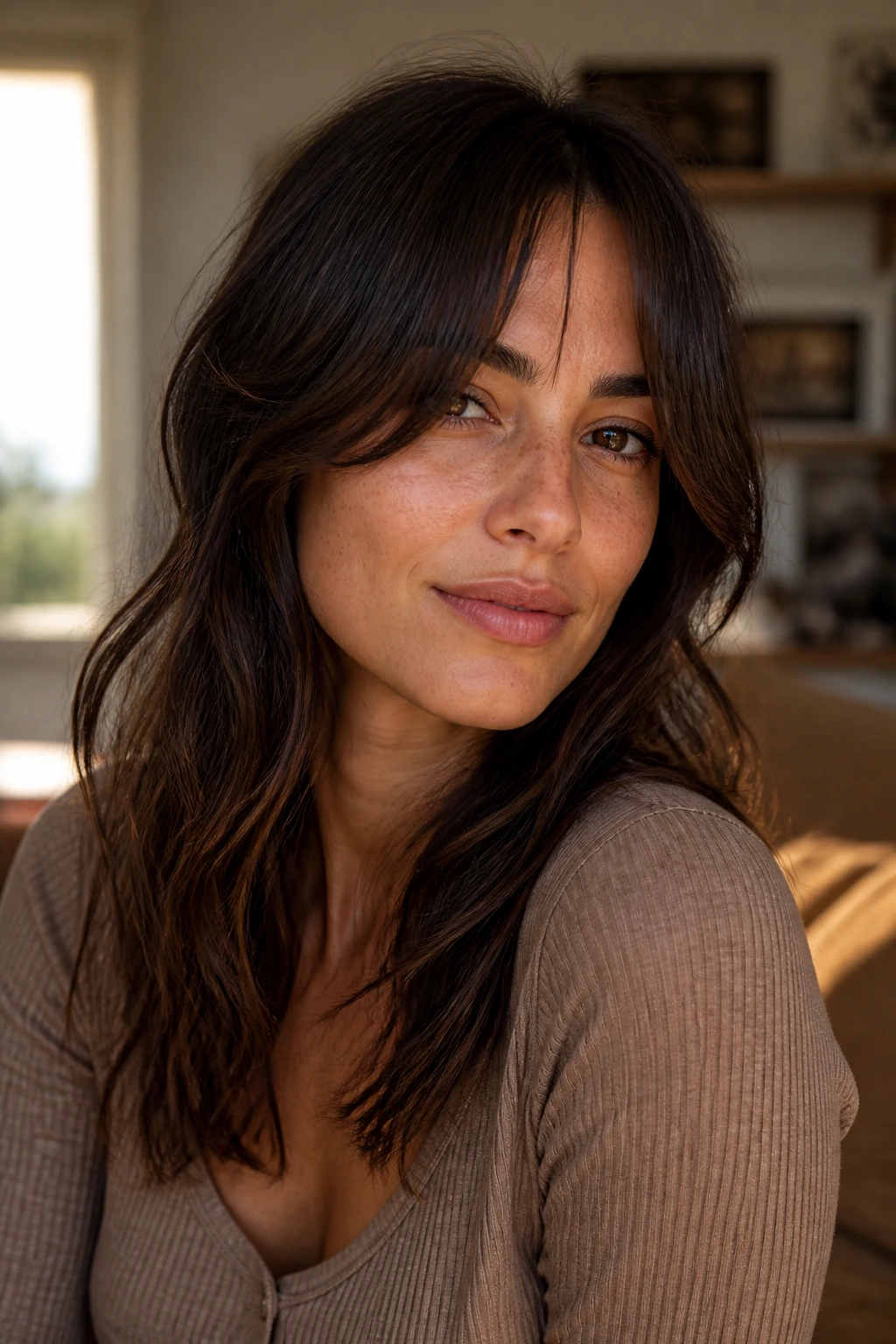 Close-up portrait showing air-dry textured curtain bangs