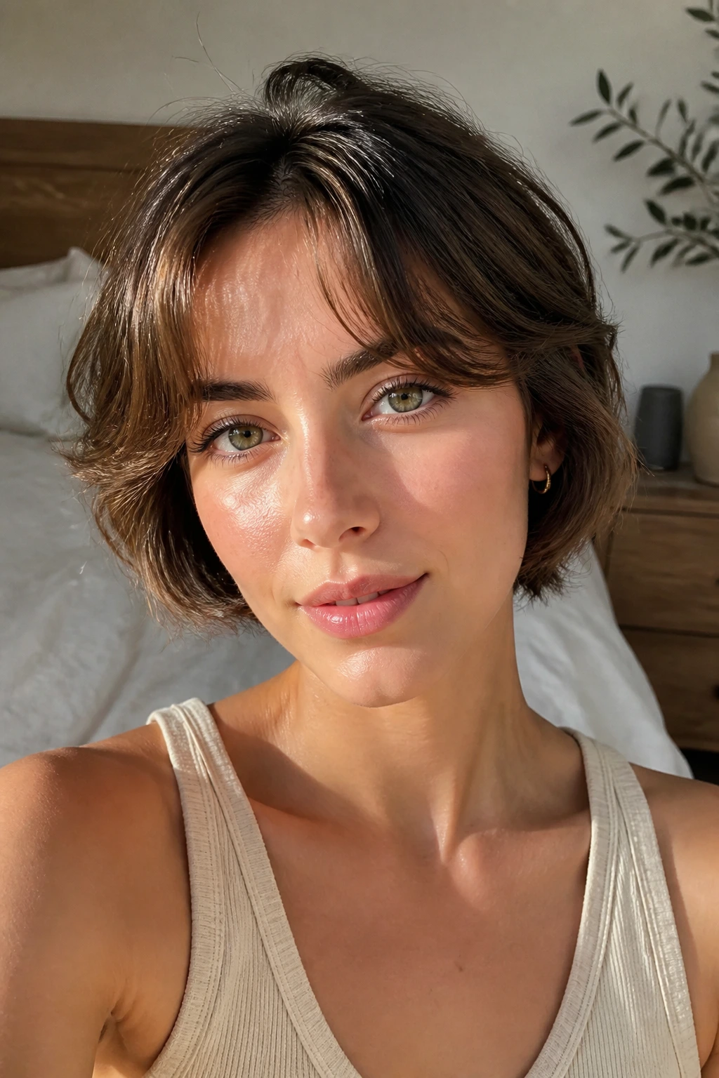 Portrait of a person with air-dried curtain bangs in a sunlit bedroom