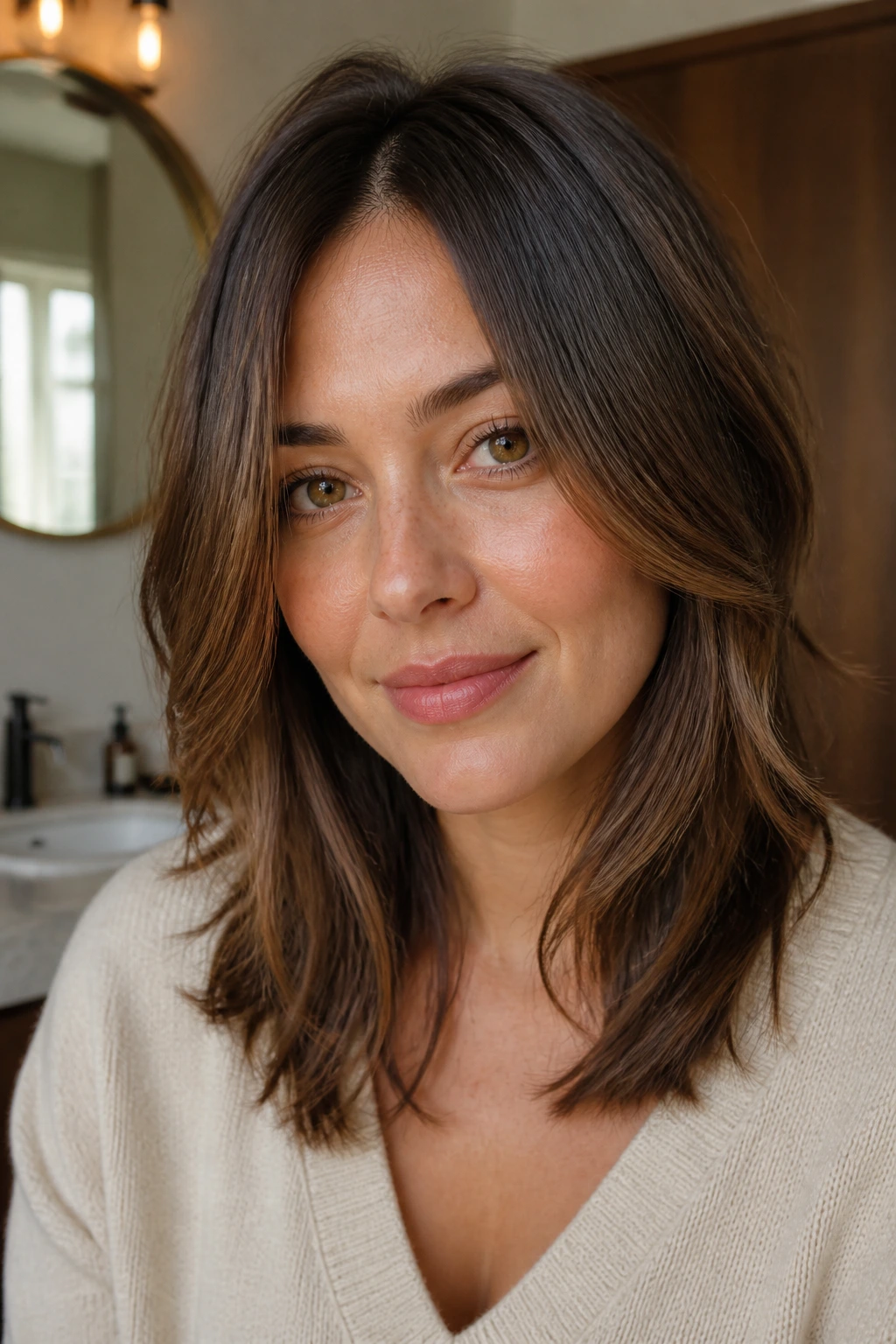 Real person with medium-length hair and soft internal layers under natural light