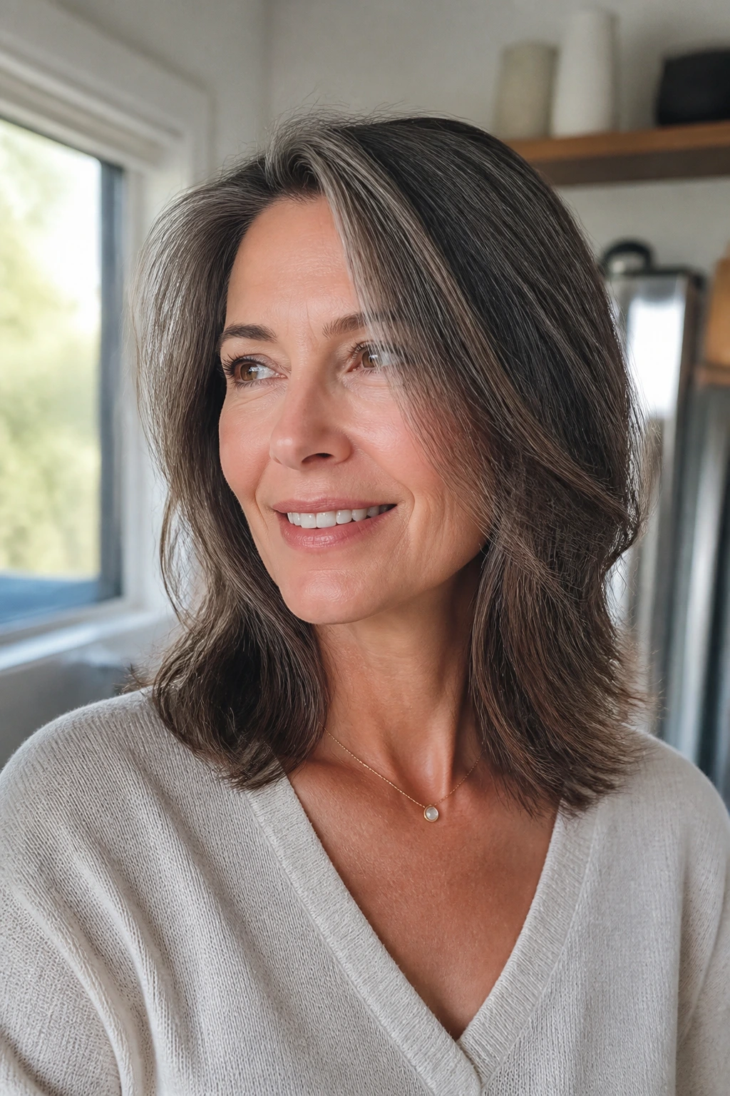 Portrait of a real woman with an air-dry haircut that looks neat and natural