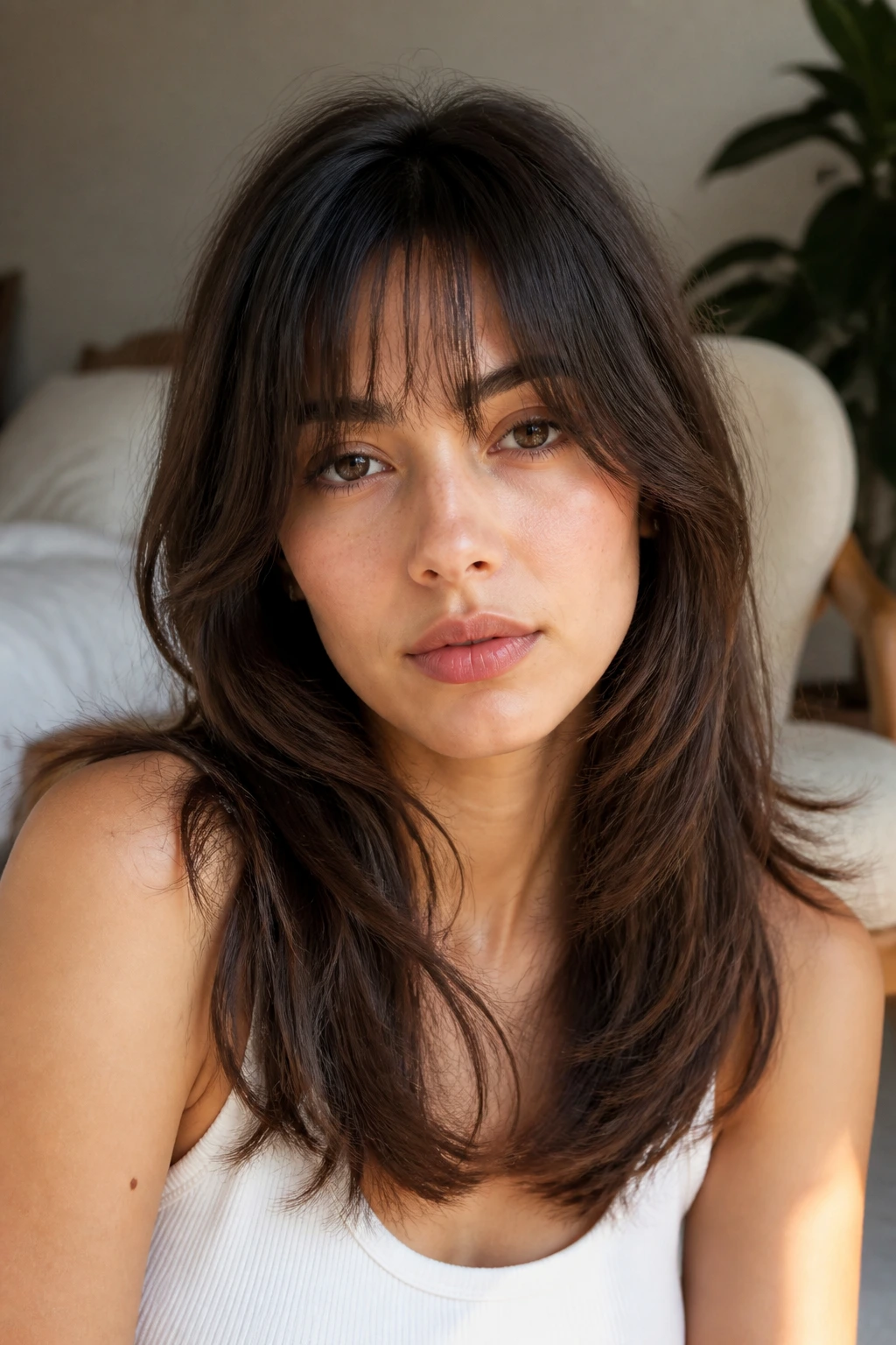 Close-up portrait of a real person with an air-dry feathered cut and soft bangs in natural light