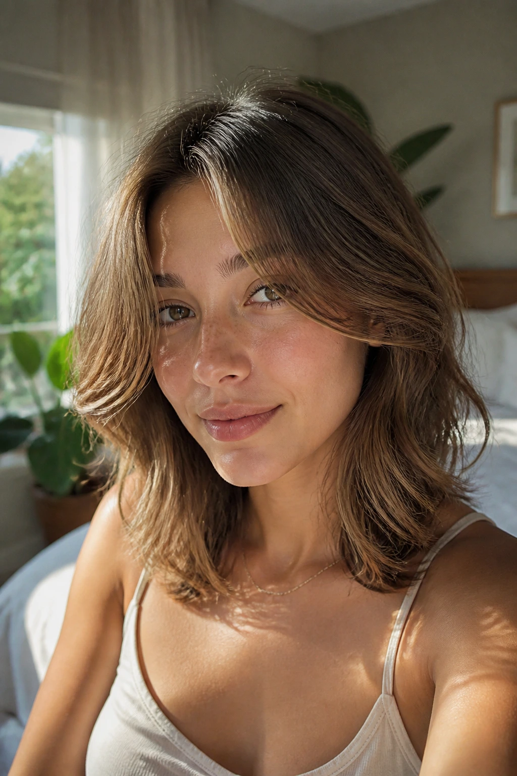 Portrait of a woman with air-dried shoulder-length feathering