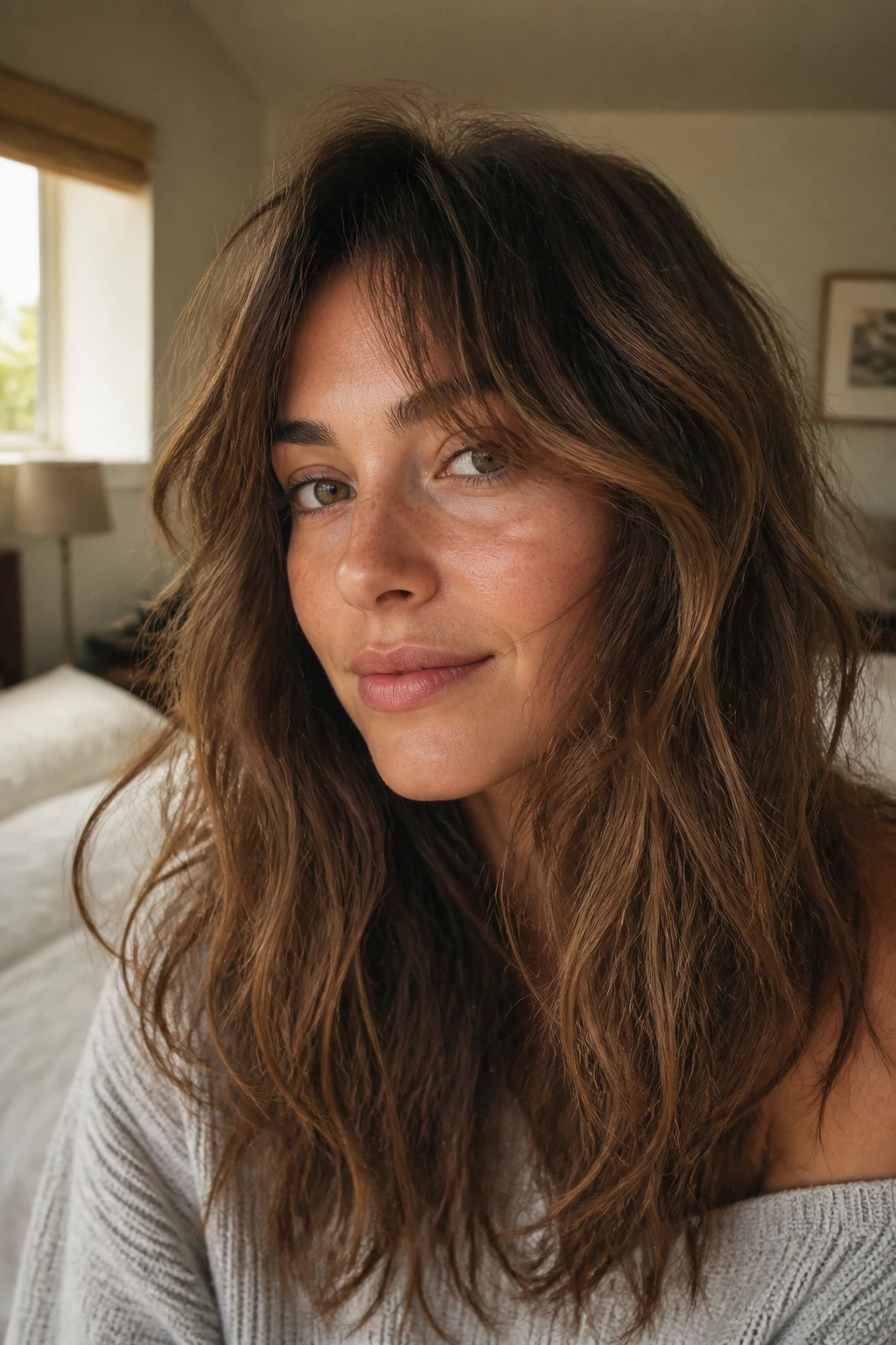 Close-up of real woman with low-maintenance air-dry feathering and soft layers