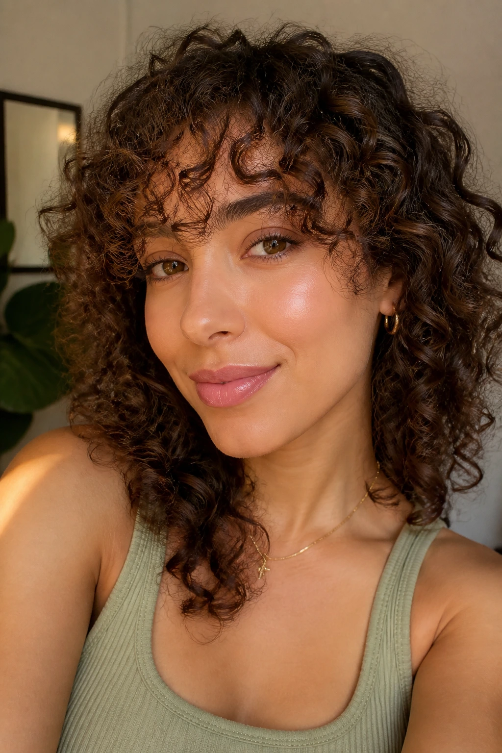 Portrait of a real person with an air-dry fringe on curly hair, natural lighting