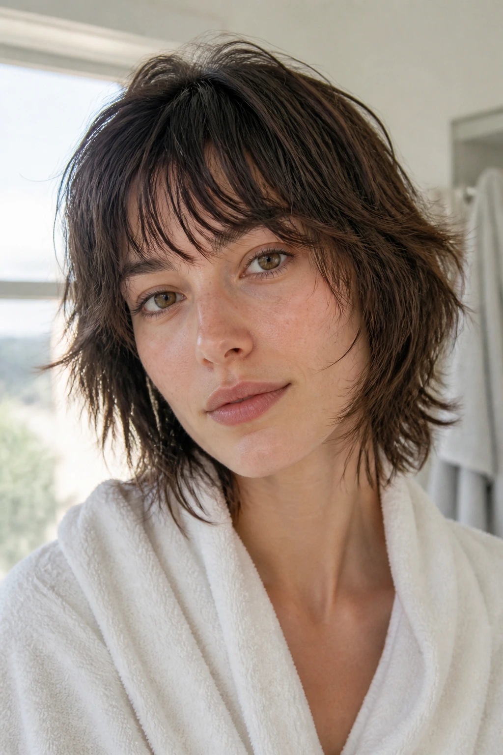 Close-up portrait of a real person with air-dry fringe shag in bright window light