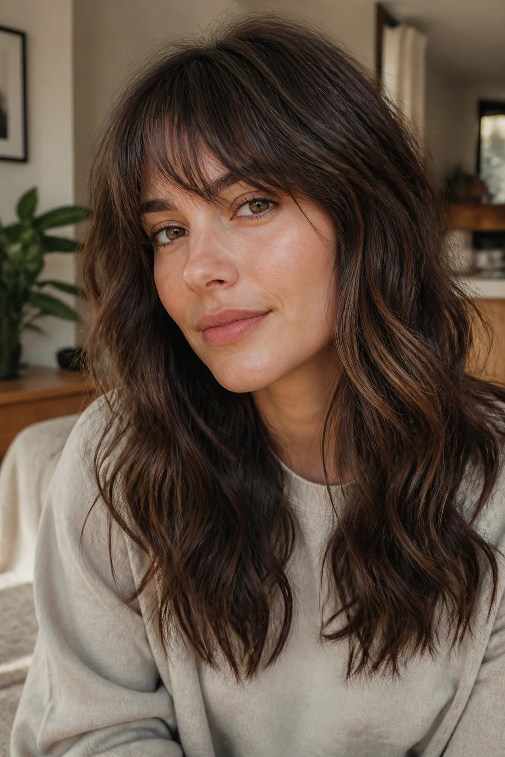 Close-up of a real woman with textured fringe and natural waves in a cozy living room