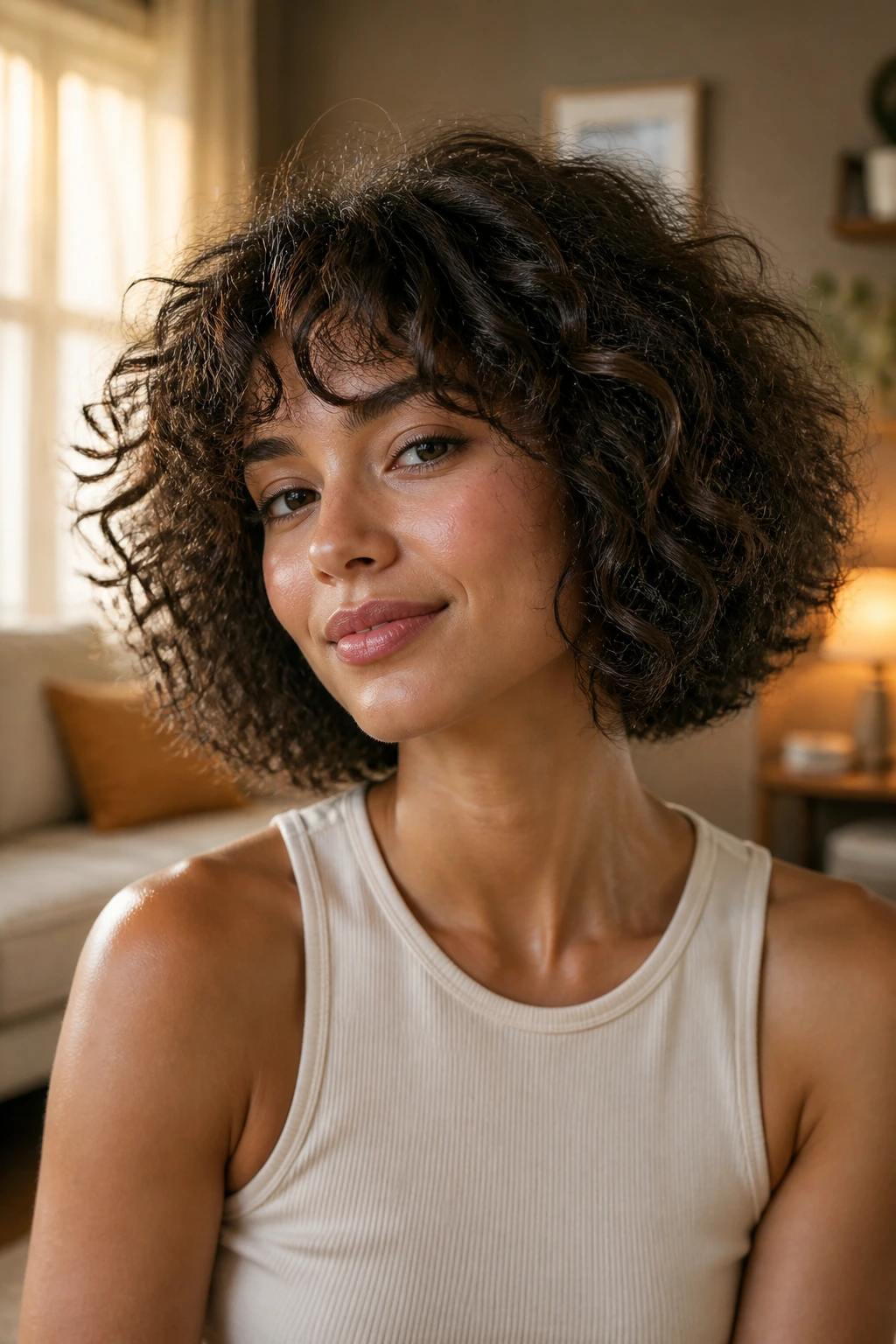 Close-up portrait of a real person with thick frizzy hair air-dried and perimeter defined