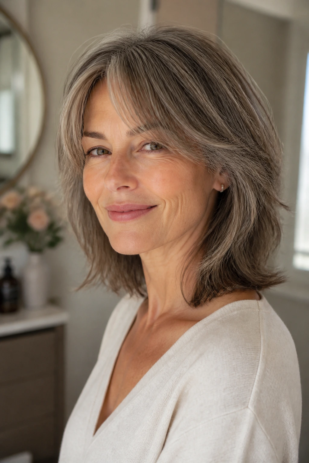Portrait of a real woman with an air-dry friendly layered cut and natural waves.