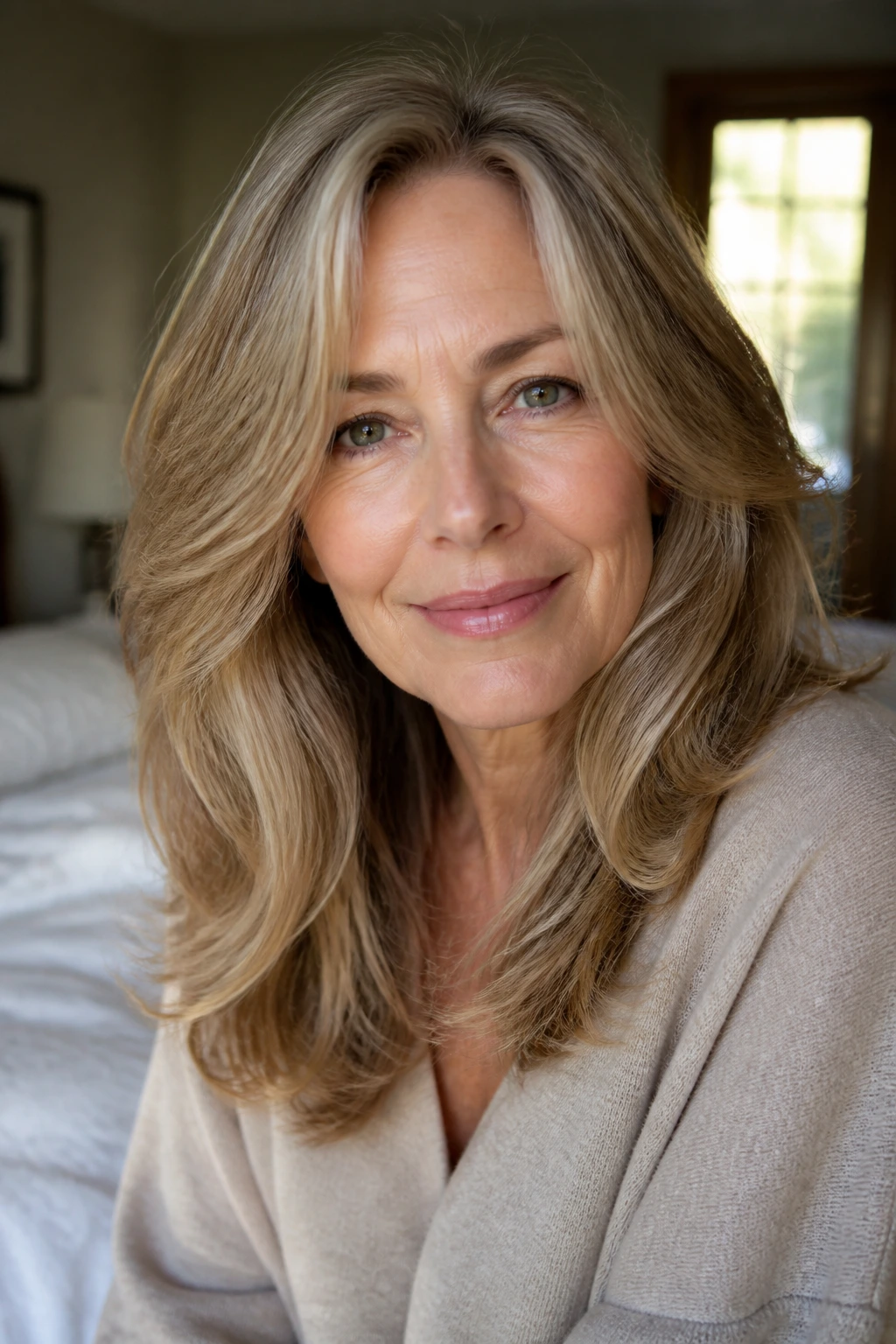Close-up portrait of a real woman with soft, long layered air-dry hair and blended face-framing pieces.