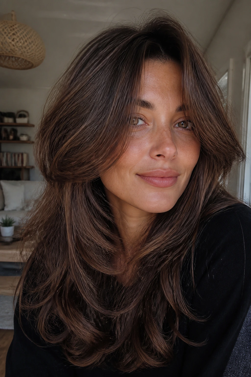 Close-up portrait of a real woman with air-dry layers and natural bend