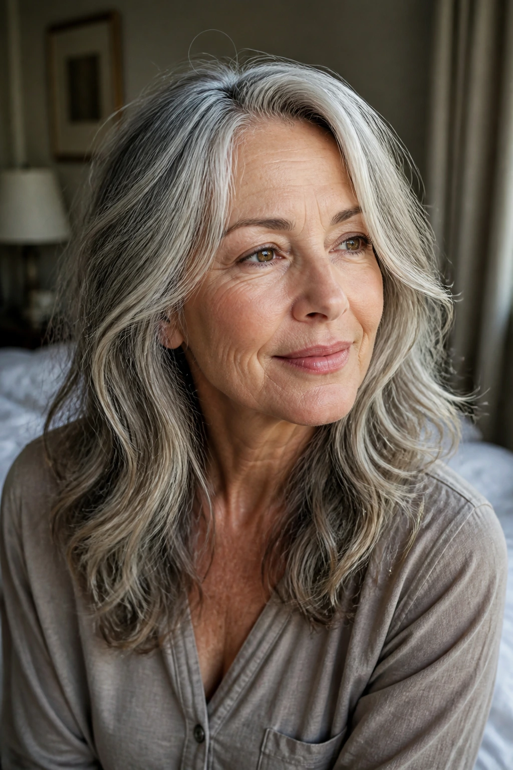 Close-up of a real woman with air-dry layers and natural texture in soft morning light.