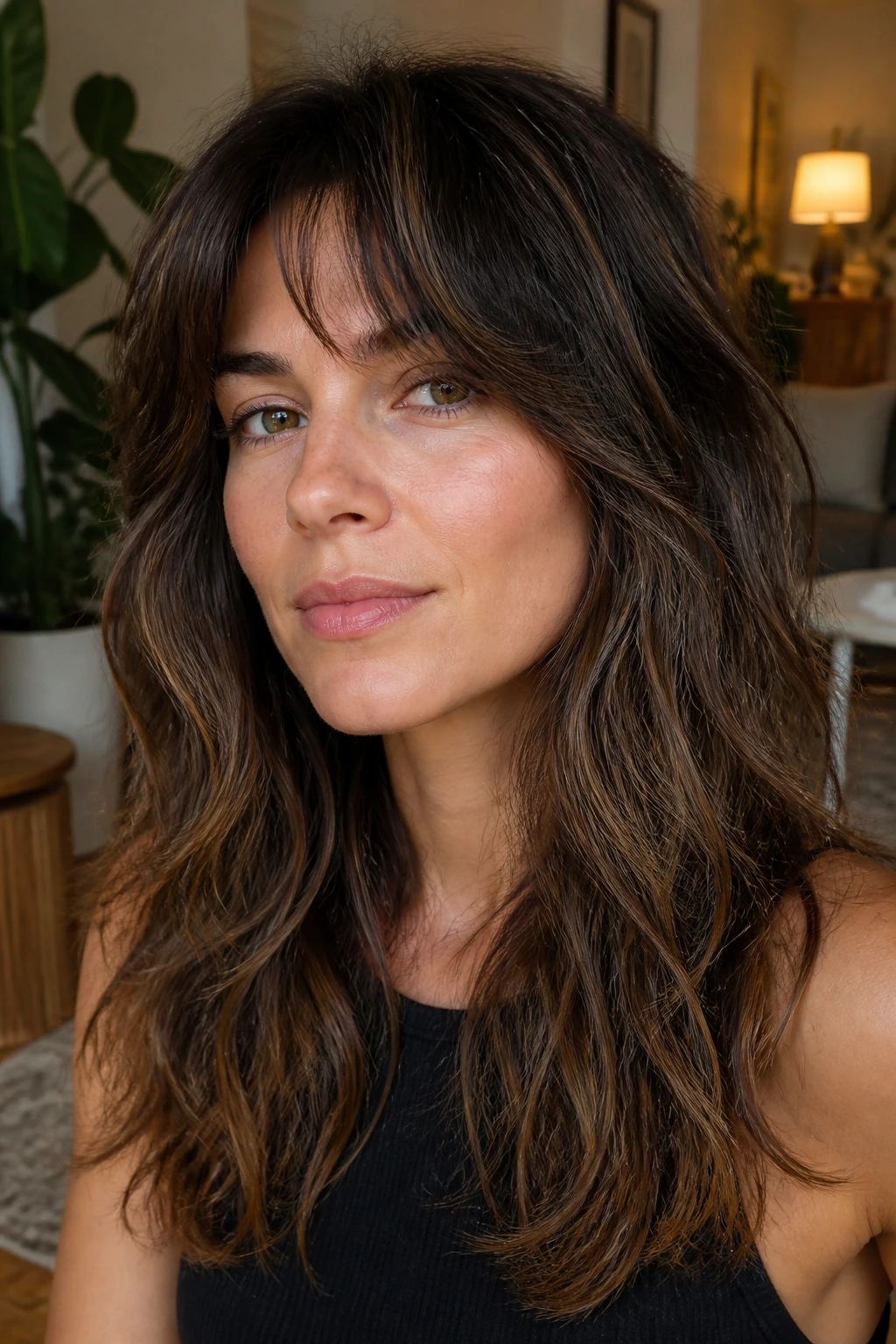 Close-up of a real woman with air-dry layers shag in a warm living room