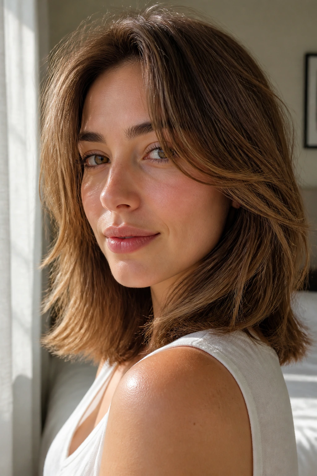 Close-up portrait of a real woman with air-dried shoulder-length layered hair in natural window light