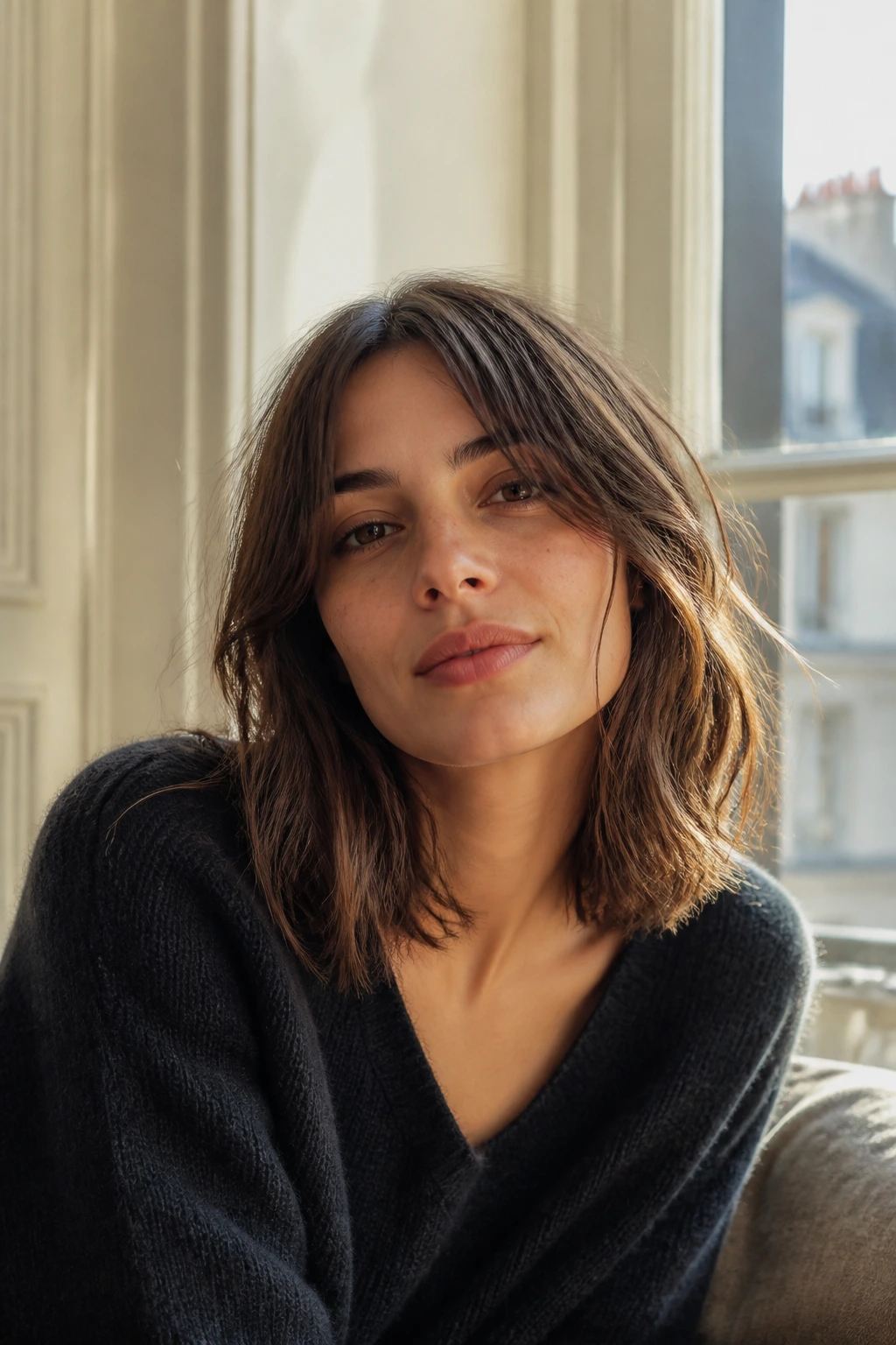 Portrait of a real woman with French air-dry lob in warm window light.