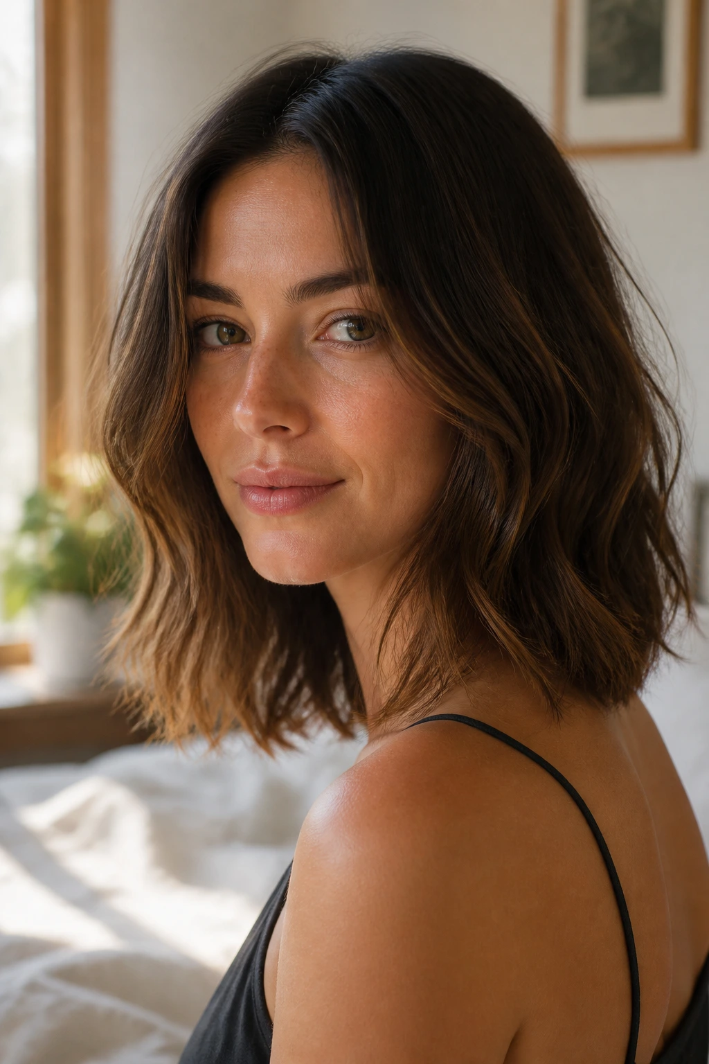 Close-up portrait of a real woman with an air-dry lob, natural texture and gentle bend.