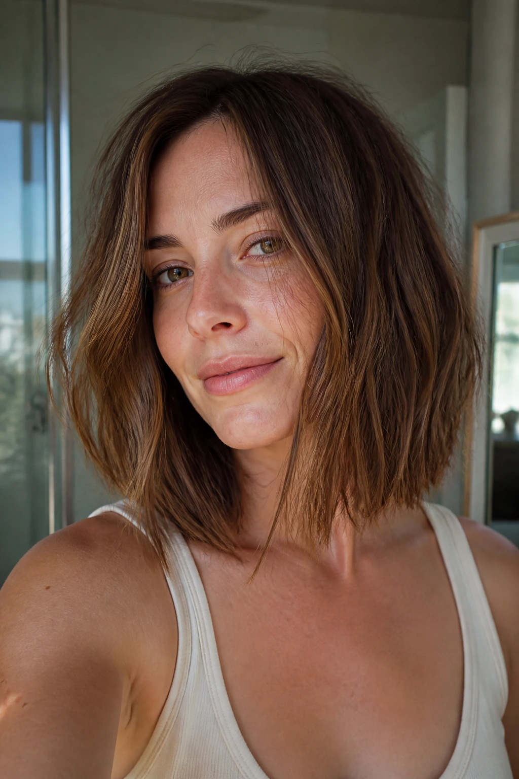 Close-up portrait of real woman with air-dry lob showing natural movement