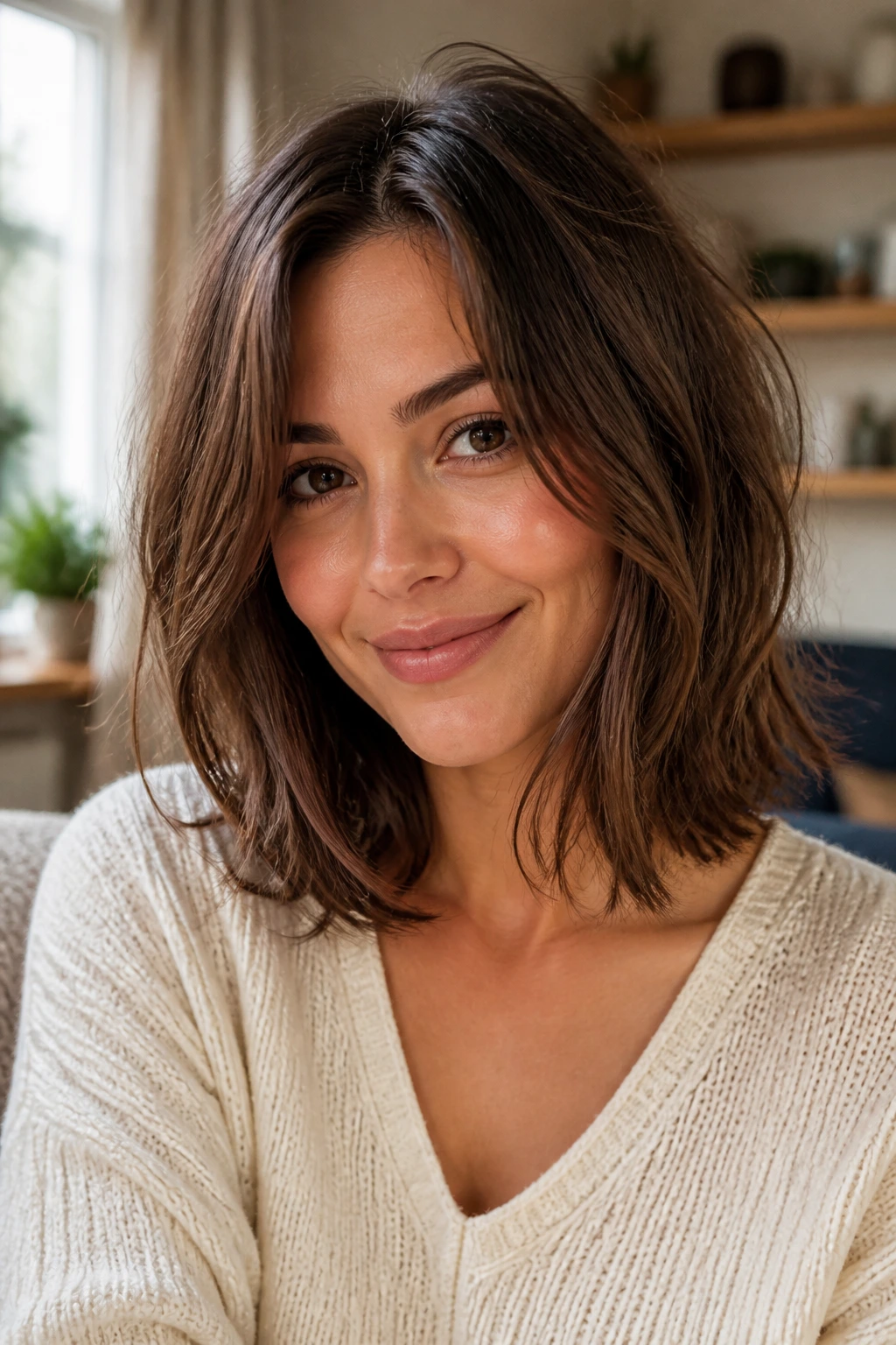 Close-up portrait of a woman with an air-dry lob haircut with internal layers