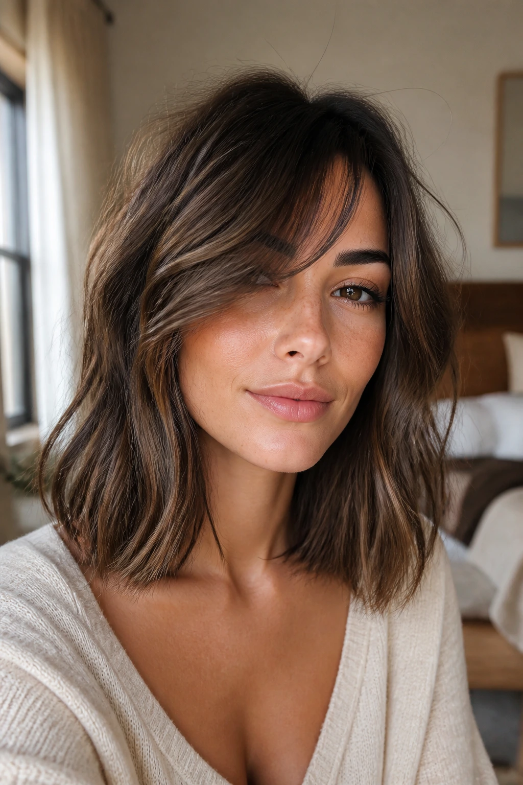 Portrait of a real woman with an air-dry lob and natural side bang movement