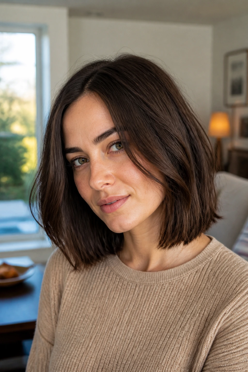 Portrait of a real woman with an air-dry lob in natural light