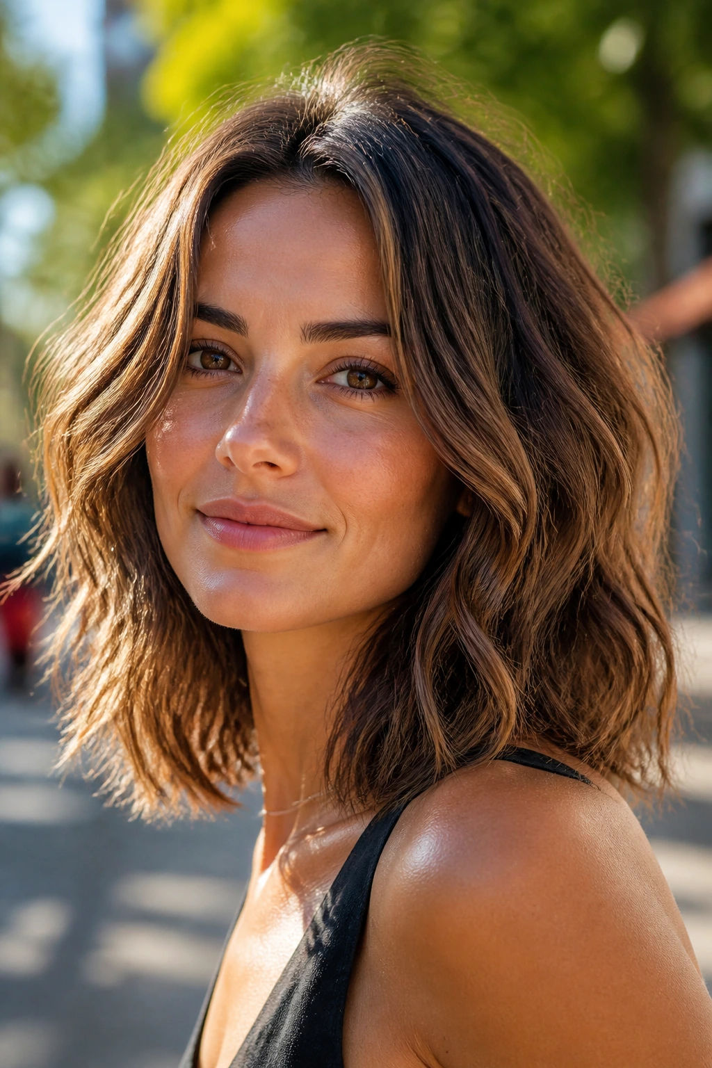 Close-up portrait of a real person with Air-Dry Lob for Natural Waves in sunlight