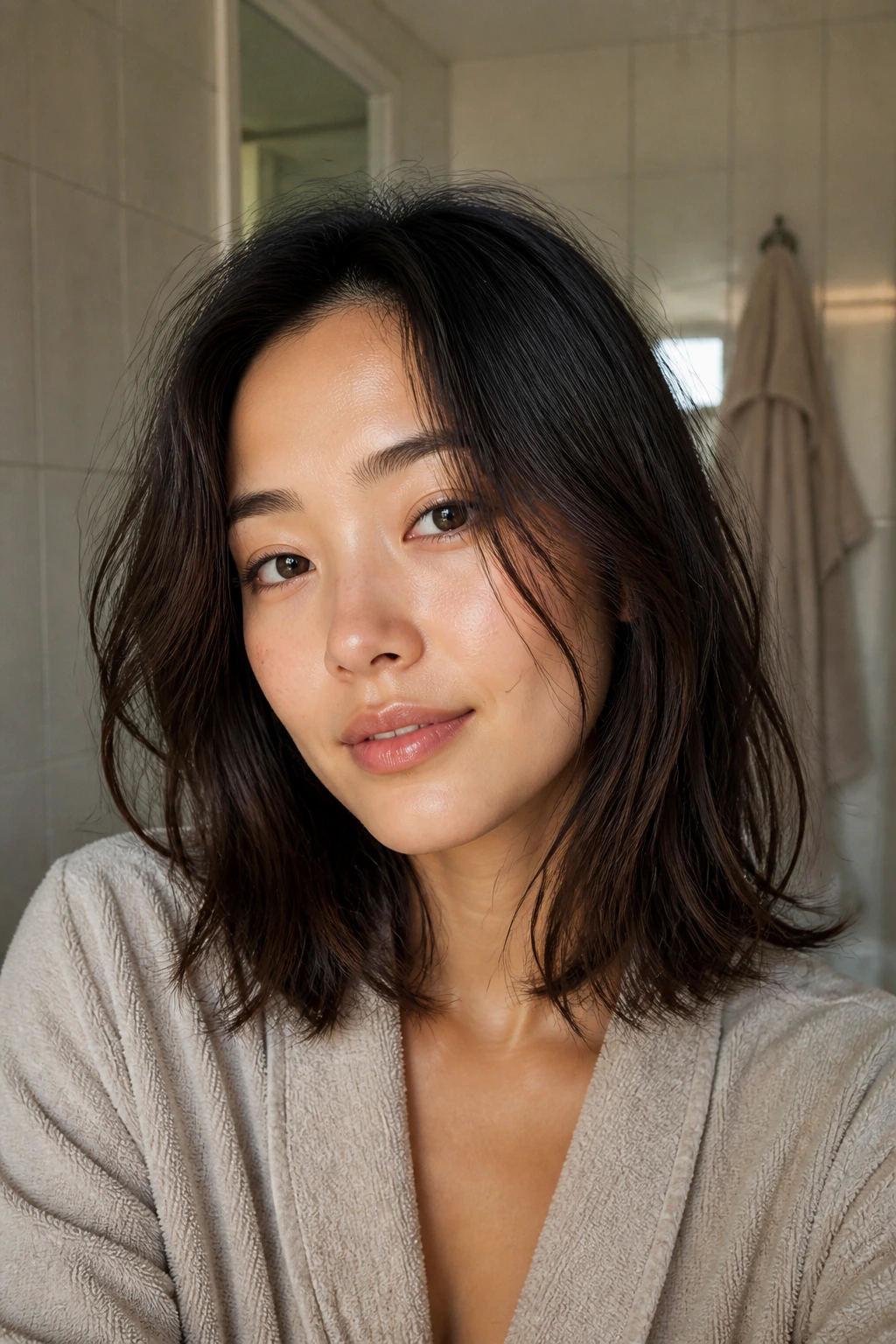 Close-up of a real woman with a low-maintenance air-dry lob