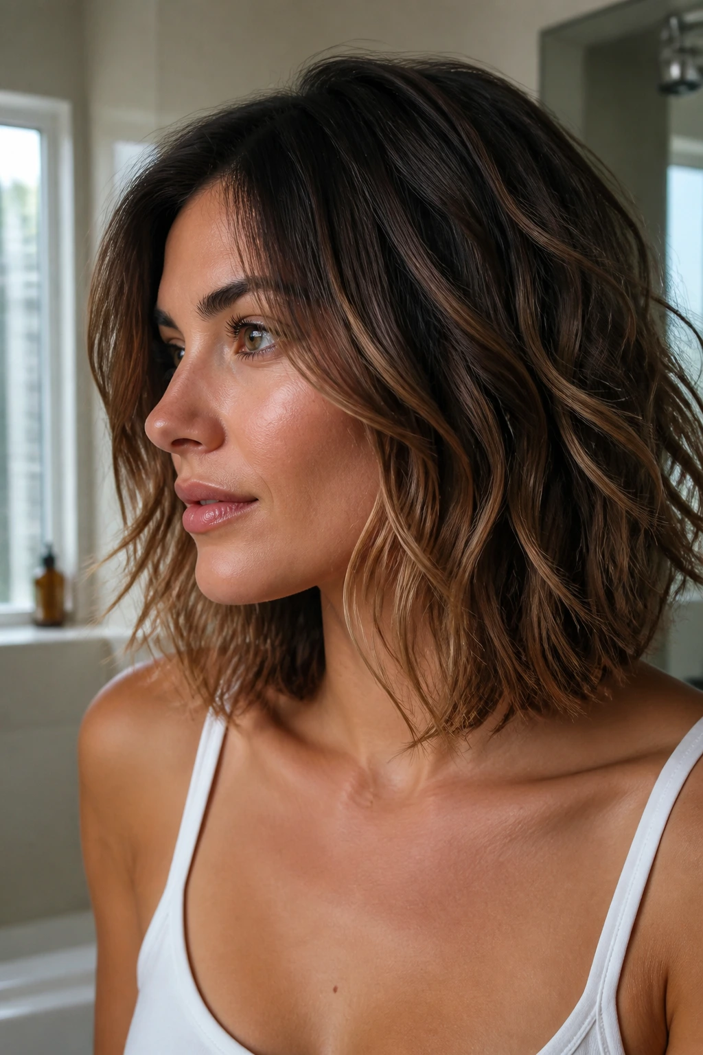 Close-up of a real woman with an air-dry lob looking natural and sculpted as it dries