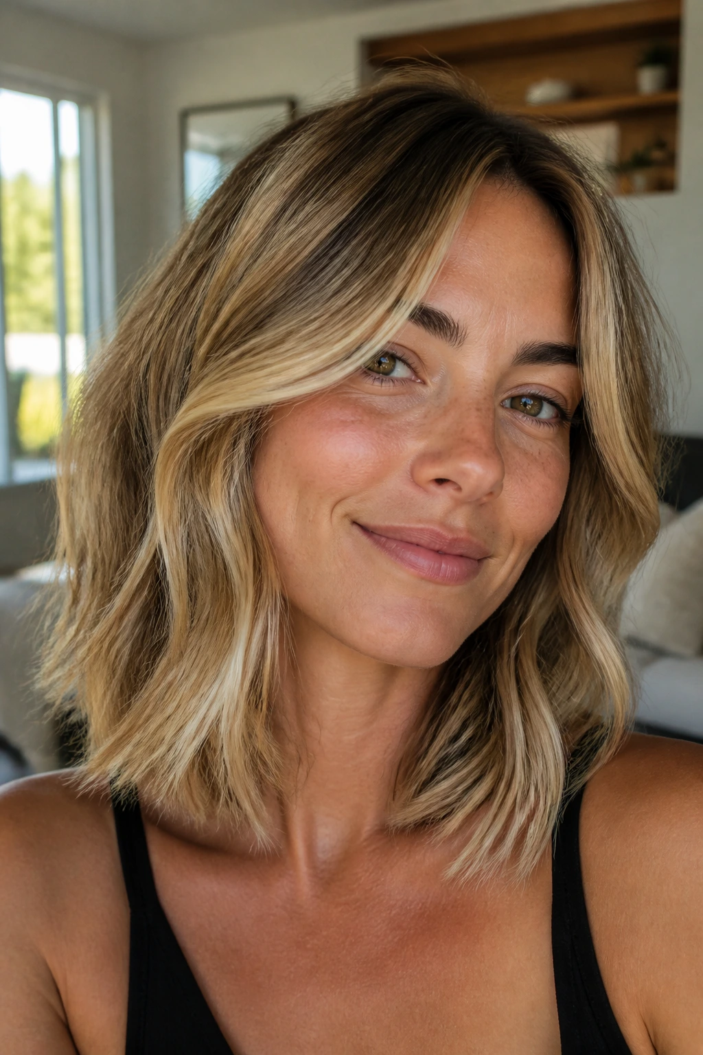 Real woman with air-dry lob and sunveil highlights in natural light