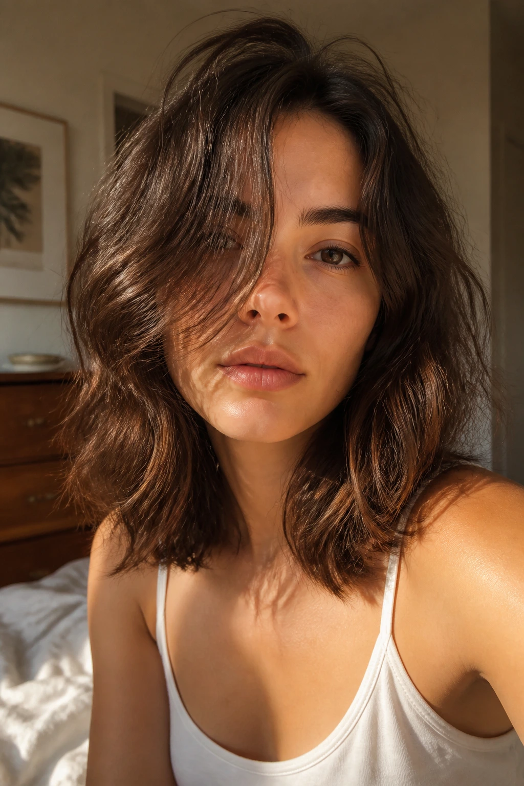 Portrait of a real person with an air-dry lob showing natural texture