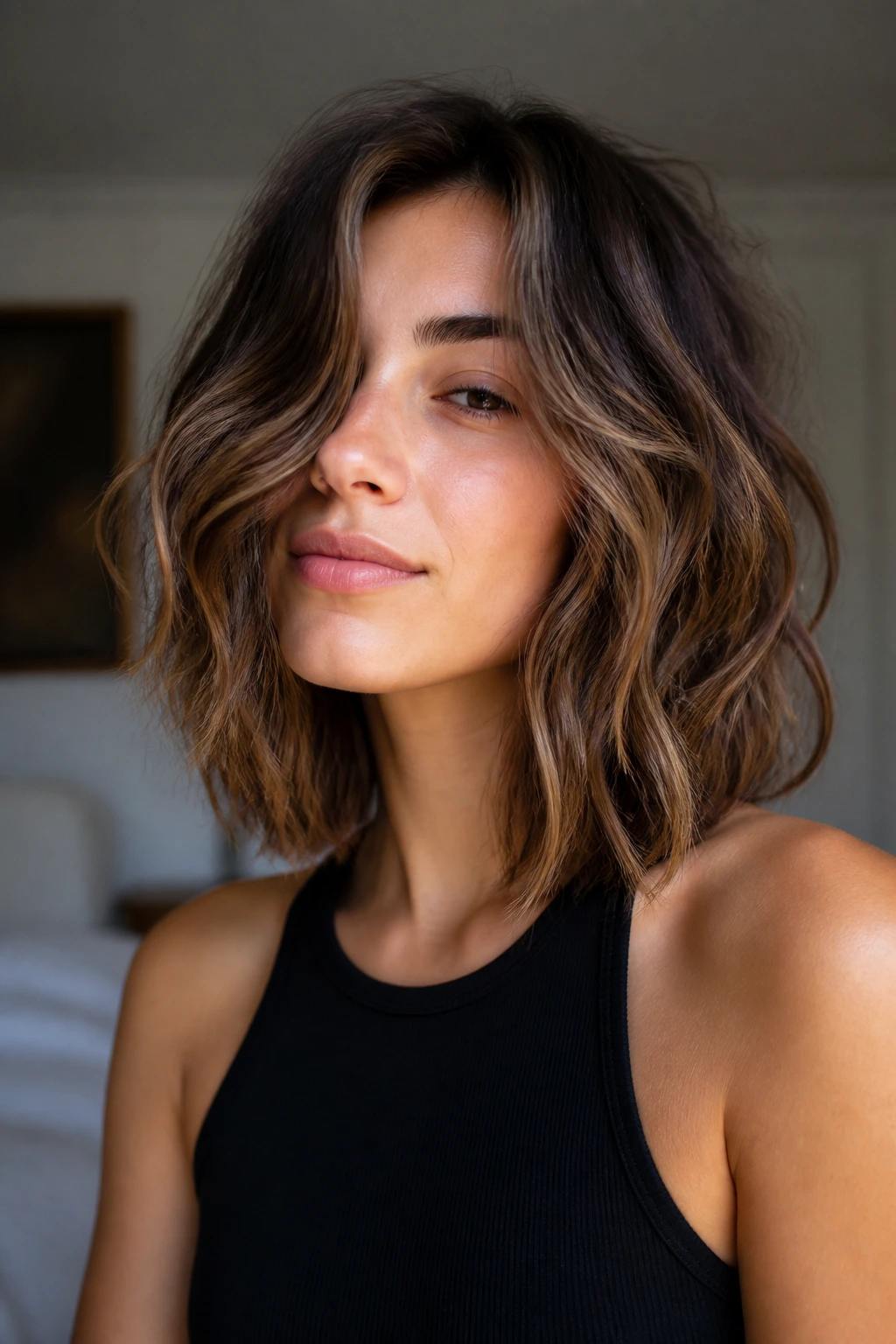 Portrait of air-dry lob hairstyle on a real person