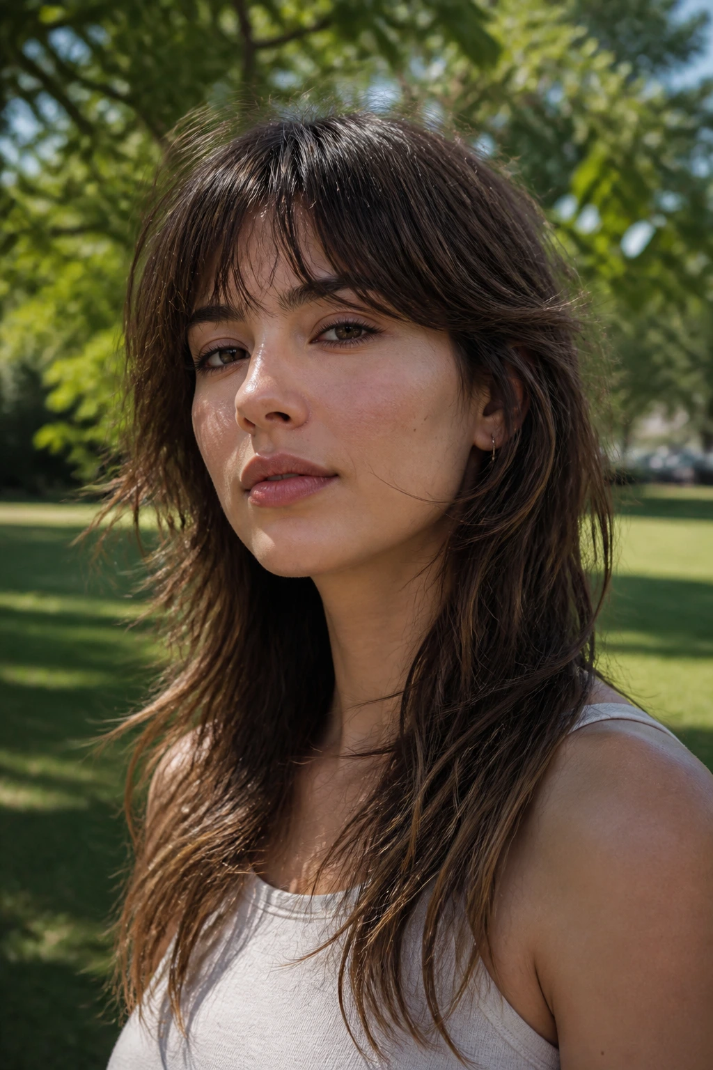 Portrait of a real person with an air-dry mullet in a sunny outdoor setting.