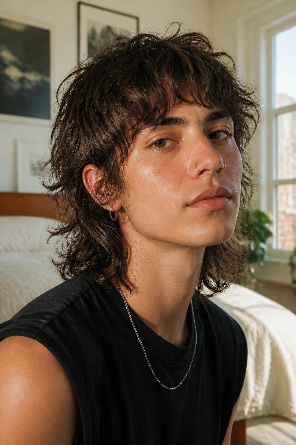 Close-up portrait of a real person with low-maintenance air-dry mullet in soft daylight