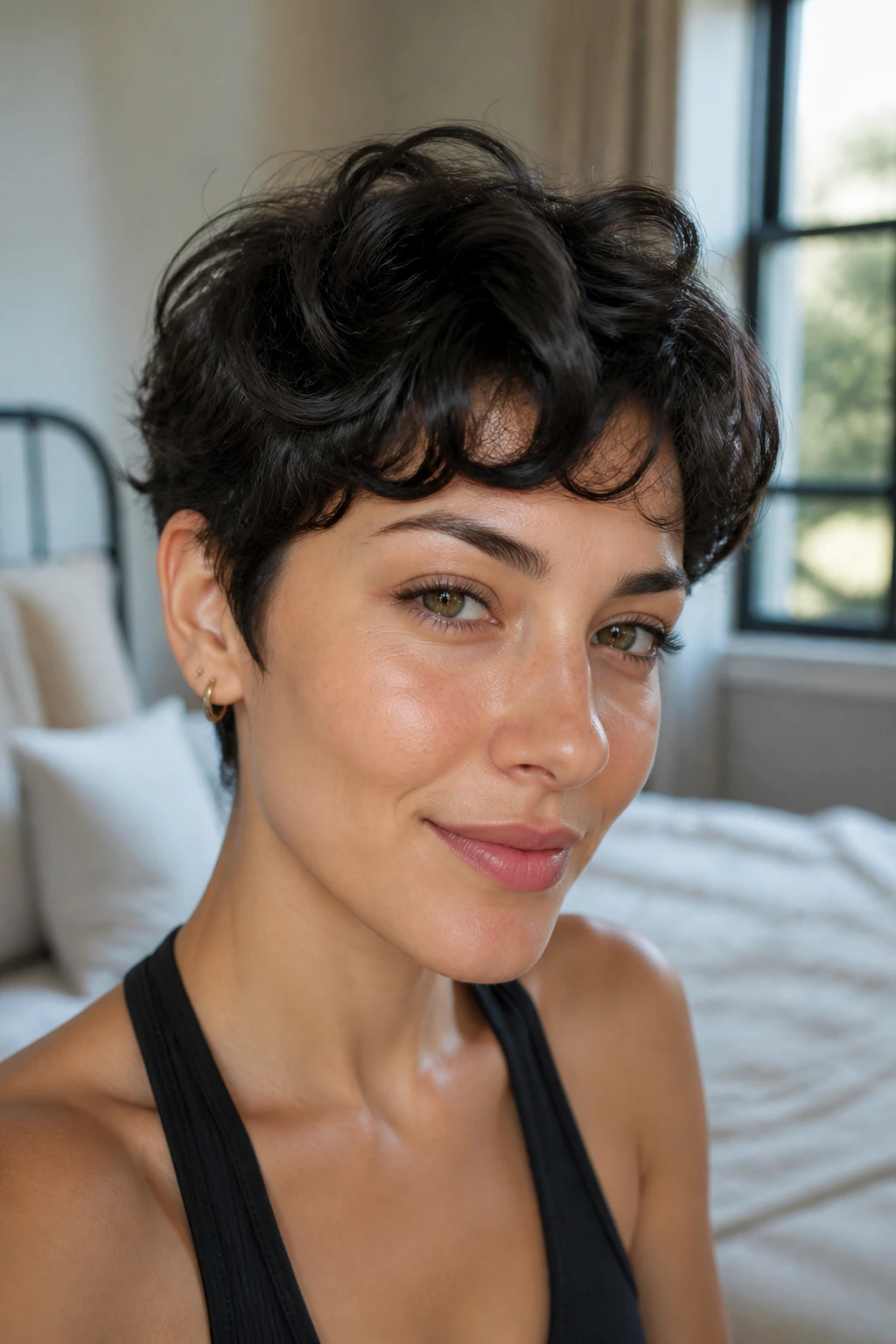 Close-up portrait of a real person with an air-dry pixie and natural texture