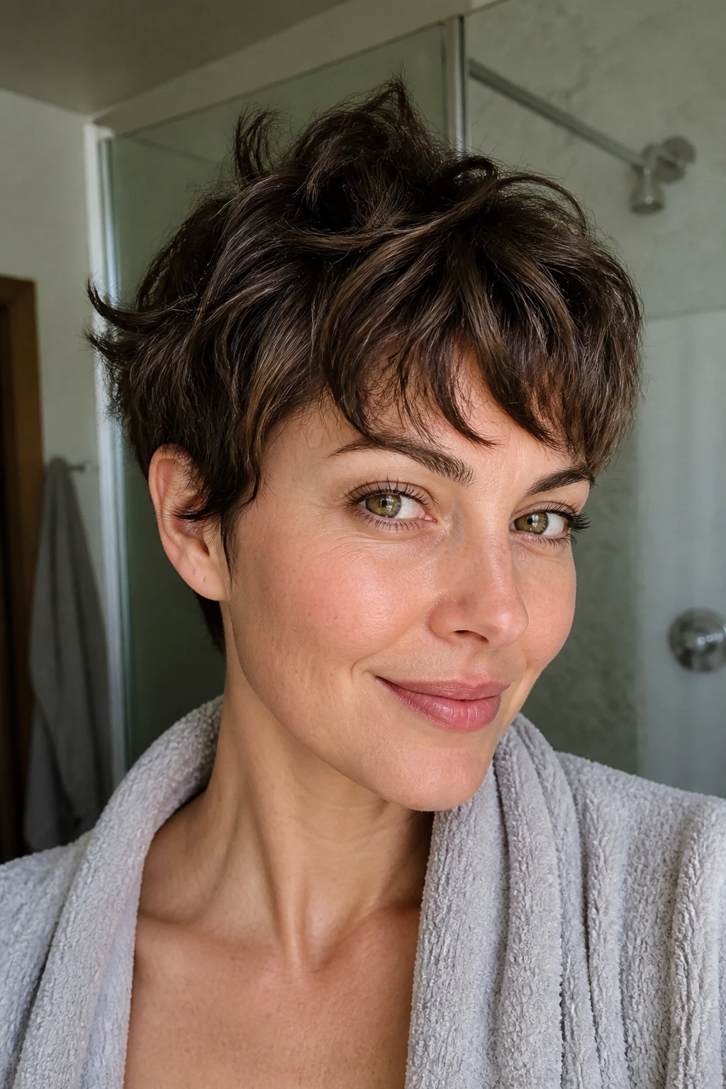 Real woman with natural air-dry pixie and crown lift