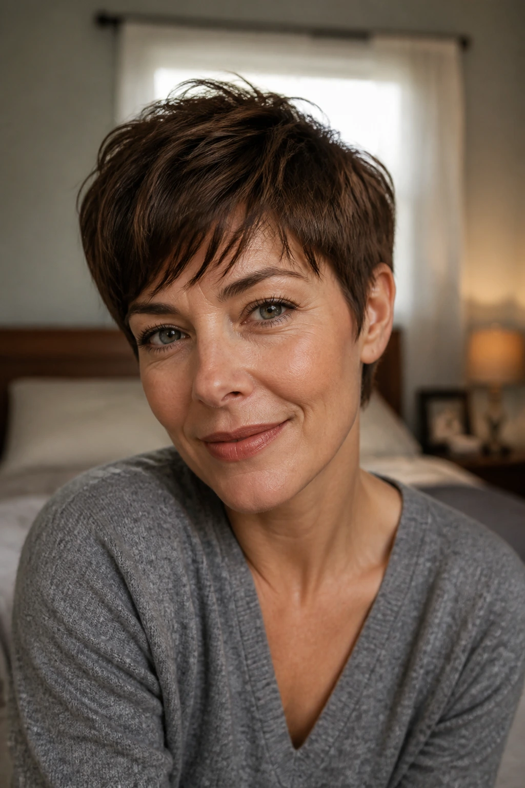 Close-up portrait of a real woman with an air-dry soft pixie haircut in natural light.
