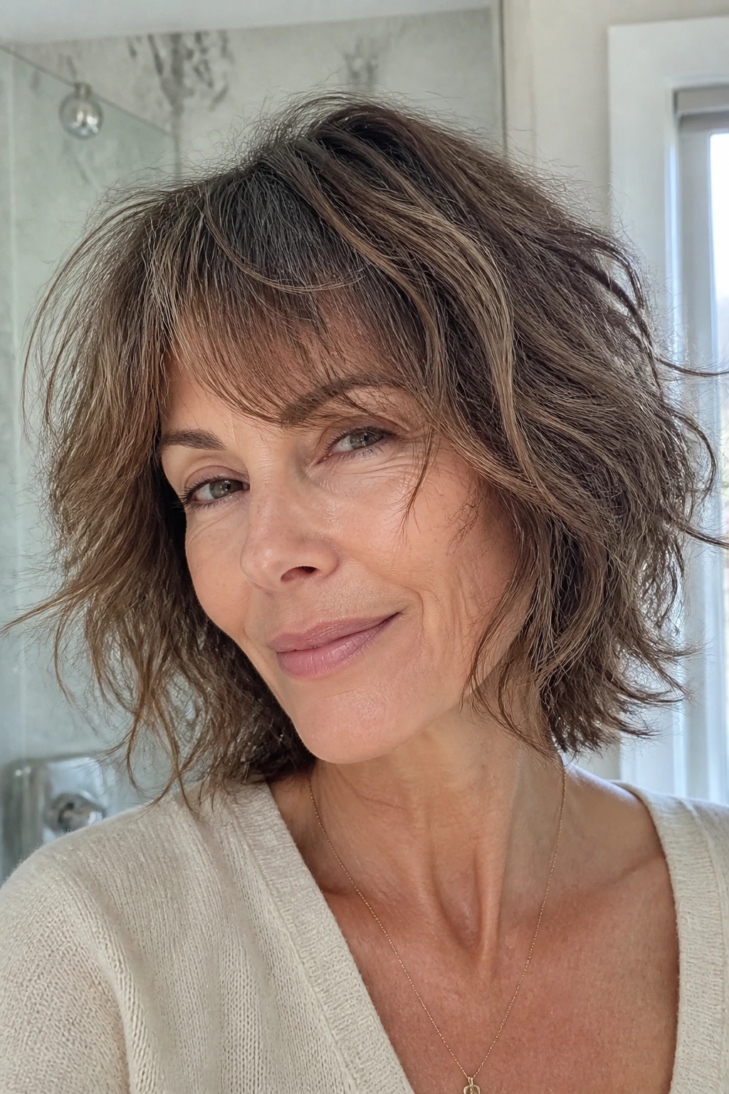 Close-up of a real woman with an air-dry razor shag and textured waves.