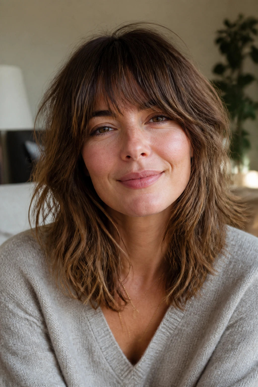 Close-up portrait of a real woman with air-dry shag in cozy daylight living room