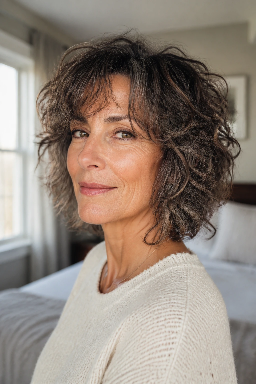 Close-up of a real woman with a low-maintenance air-dry shag bob in natural window light