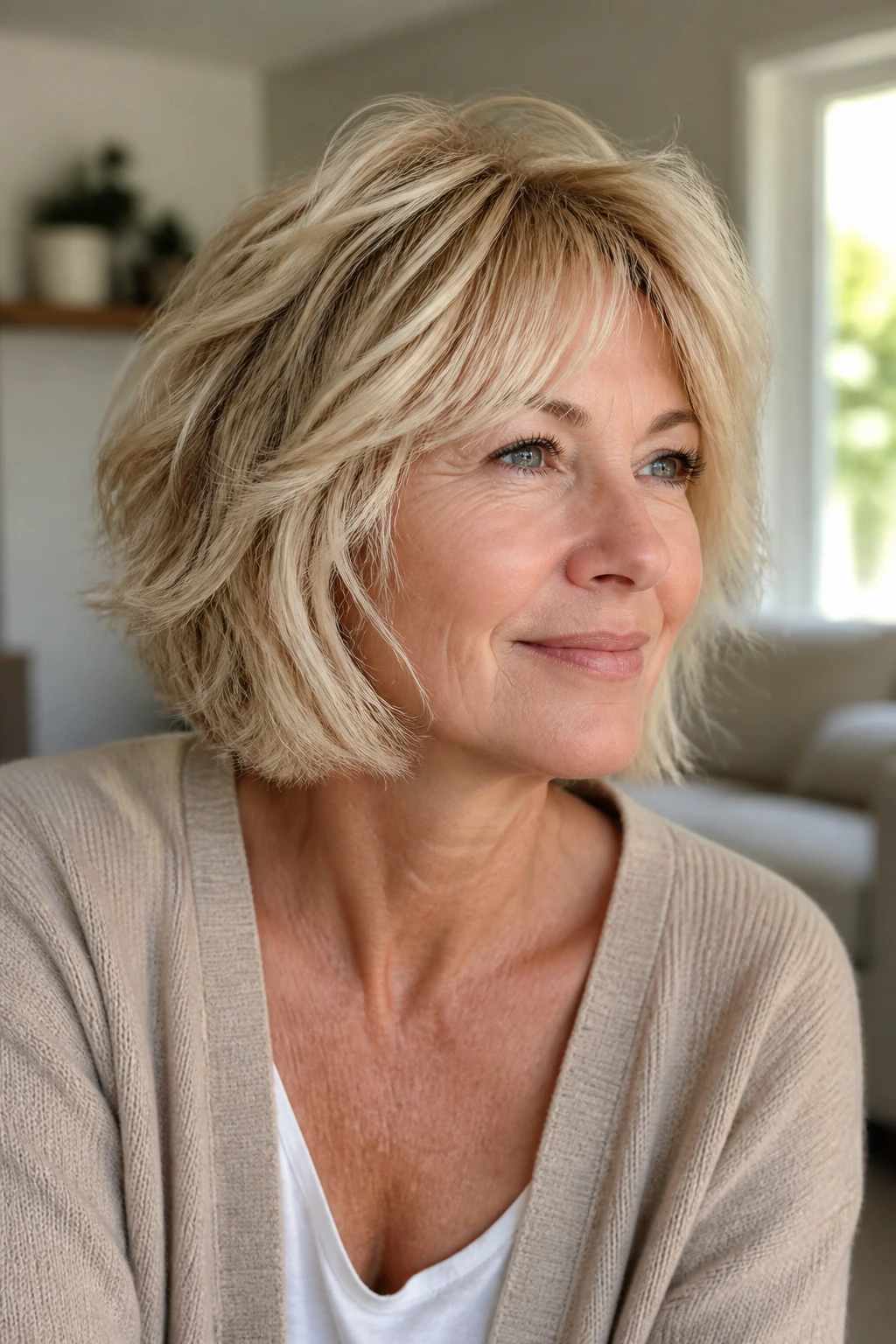 Close-up of a real woman with a low-heat air-dry shag bob in natural light.