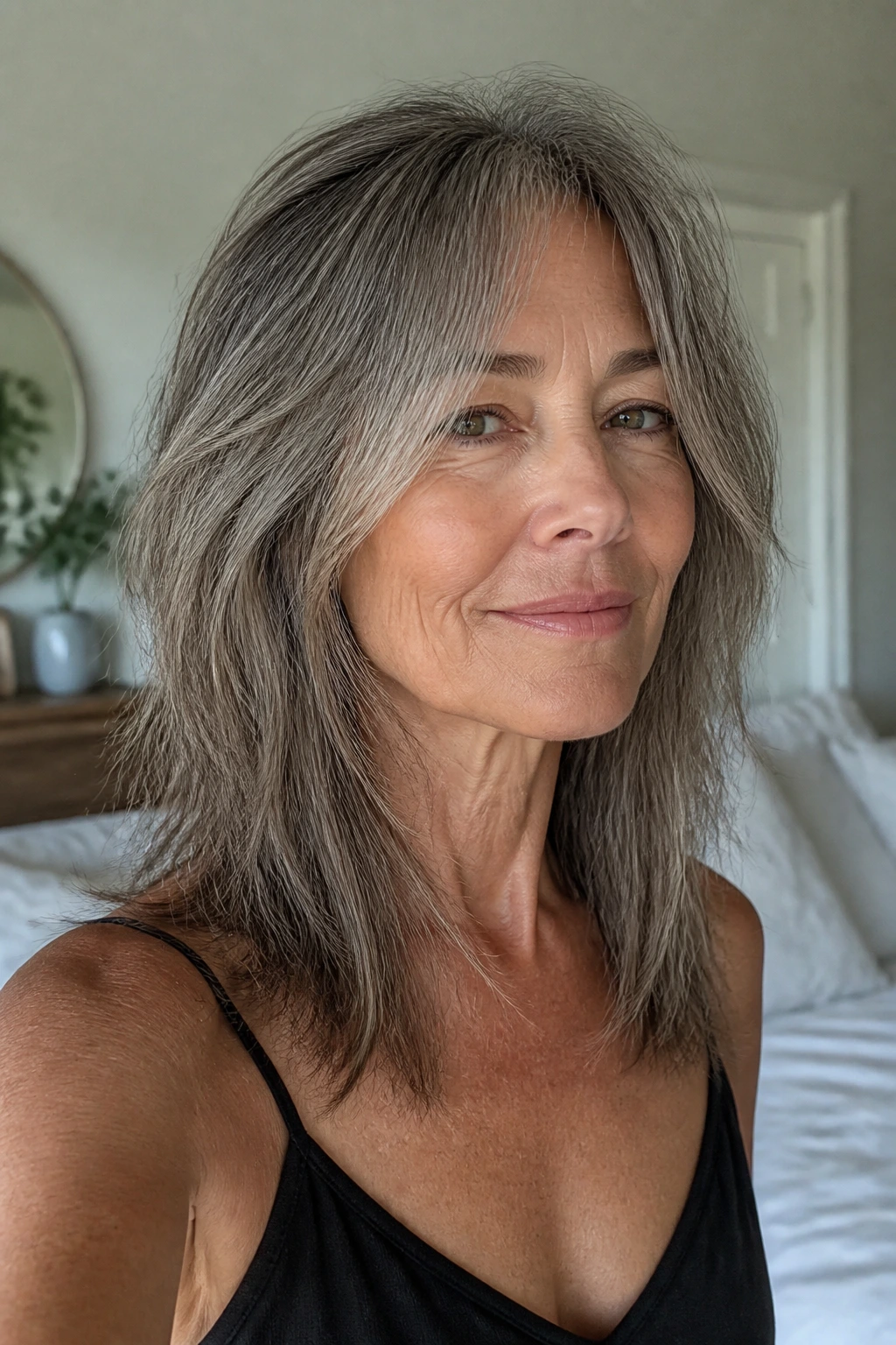 Real woman with collarbone-length front pieces in an air-dry shag in a bright bedroom.