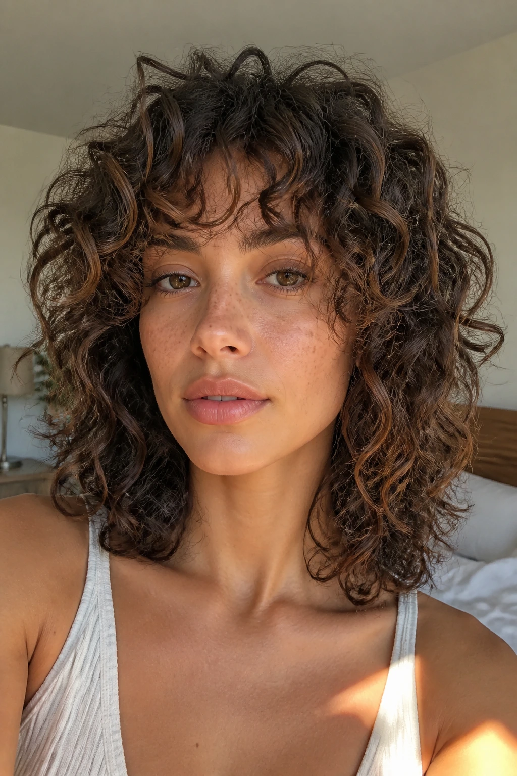 Close-up portrait of a real woman with shoulder-length air-dried curls in warm natural light
