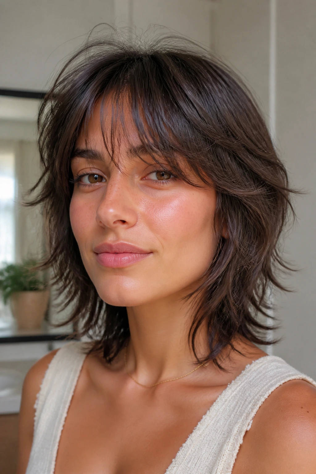 Close-up of a real woman with low-maintenance air-dry shag and curtain bangs